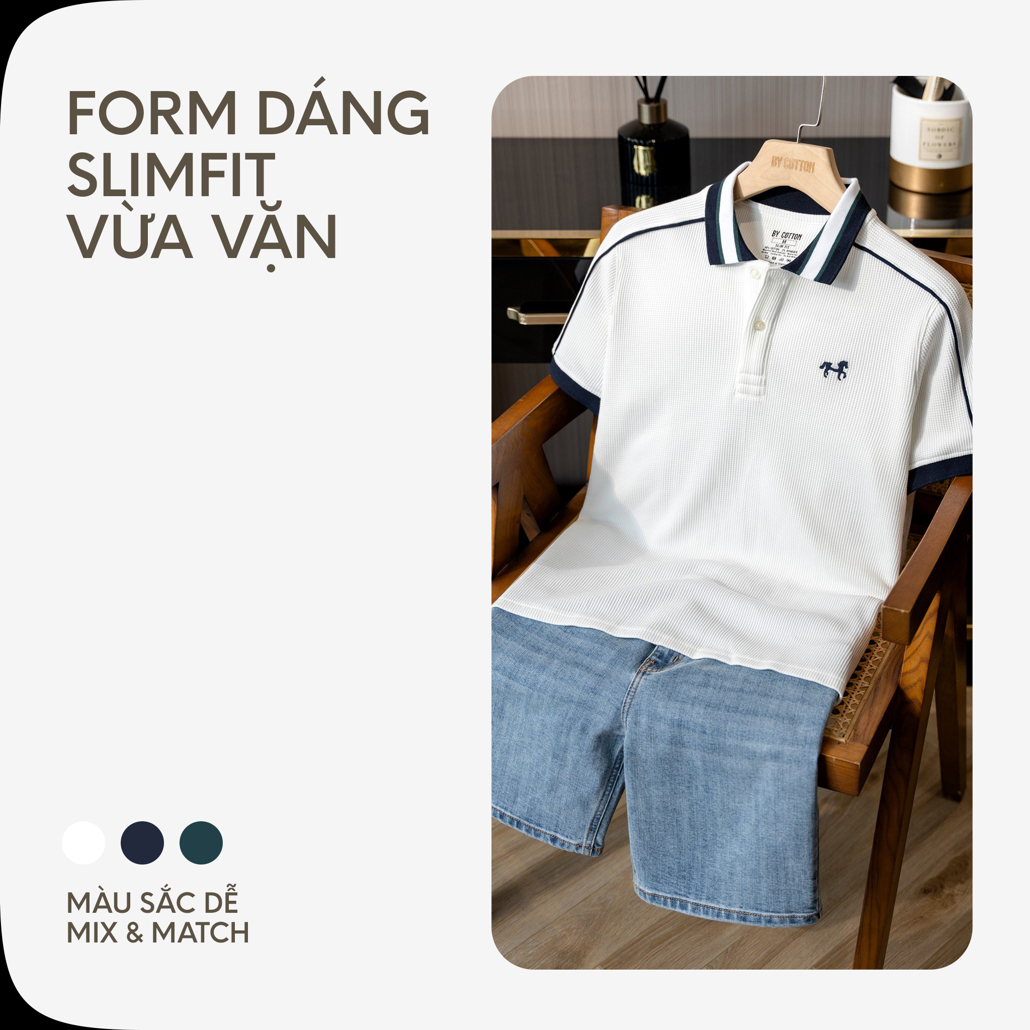 Mô tả Áo Thun Polo Nam Cao Cấp Waffle 2 Màu Trắng - Xanh Đen Thêu Ngựa BY COTTON - 3