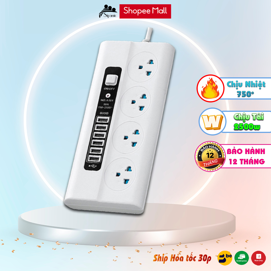 Mô tả Ổ cắm điện Sipanic 6 cổng USB Sạc nhanh Chịu tải 2500w dây dài 2m2 chống quá tải, chống giật - 1