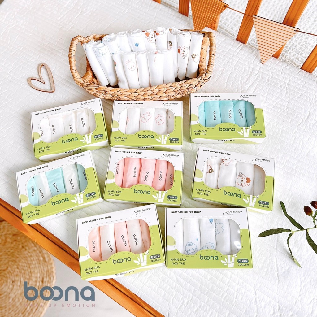 Mô tả Hộp 5 Khăn Sữa Cao Cấp BOONA S5B1  – Vải Sợi Tre Mềm Mịn, Không Xù Lông, Kháng Khuẩn, Thấm Hút Tốt, Size 30x30cm IQKAO - 1