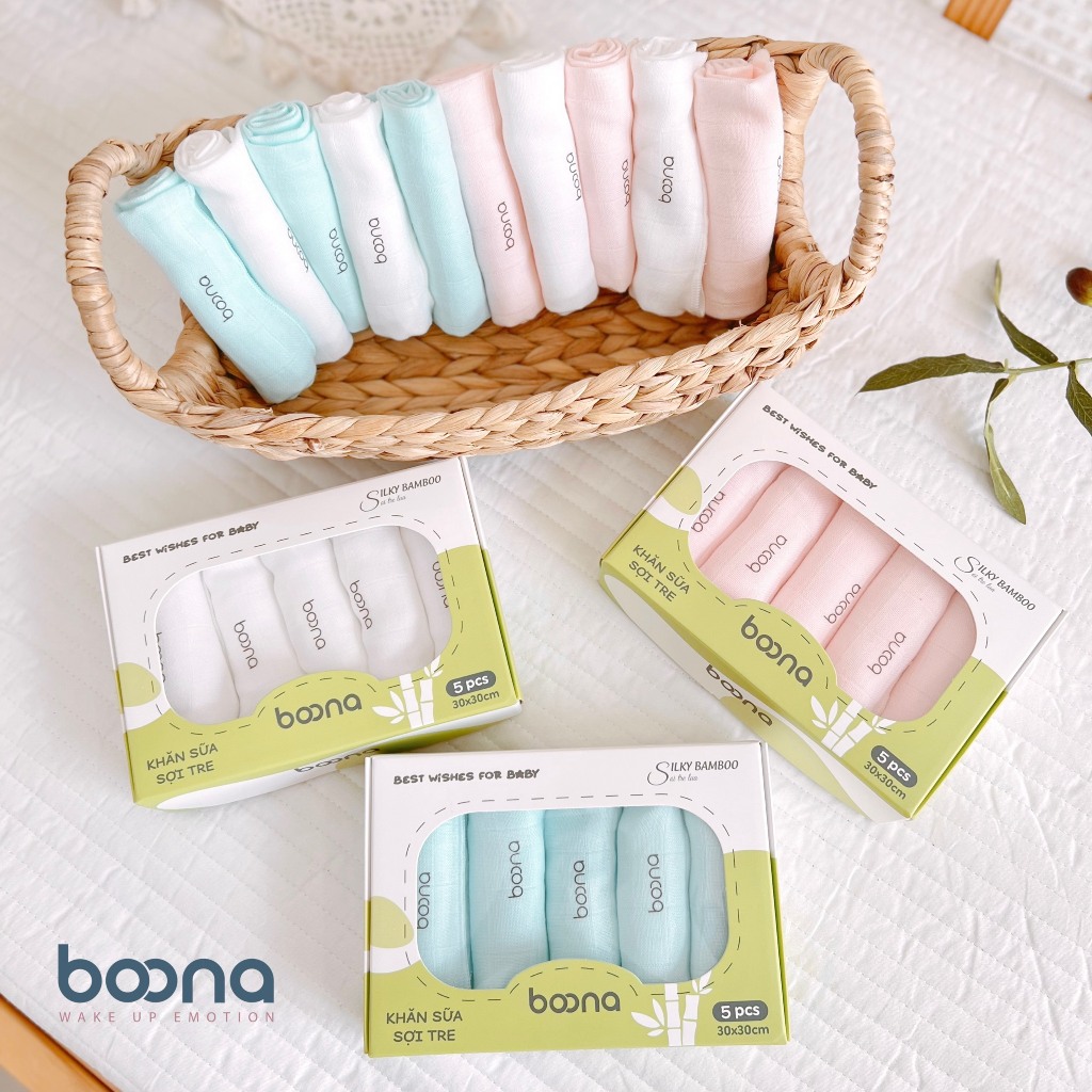 Mô tả Hộp 5 Khăn Sữa Cao Cấp BOONA S5B1  – Vải Sợi Tre Mềm Mịn, Không Xù Lông, Kháng Khuẩn, Thấm Hút Tốt, Size 30x30cm IQKAO - 5