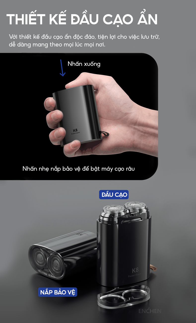 Mô tả Máy cạo râu Enchen K8 đầu cạo 2D chống nước, 18 lưỡi dao tự mài, pin dùng đến 60 ngày - BH 6 tháng - 8