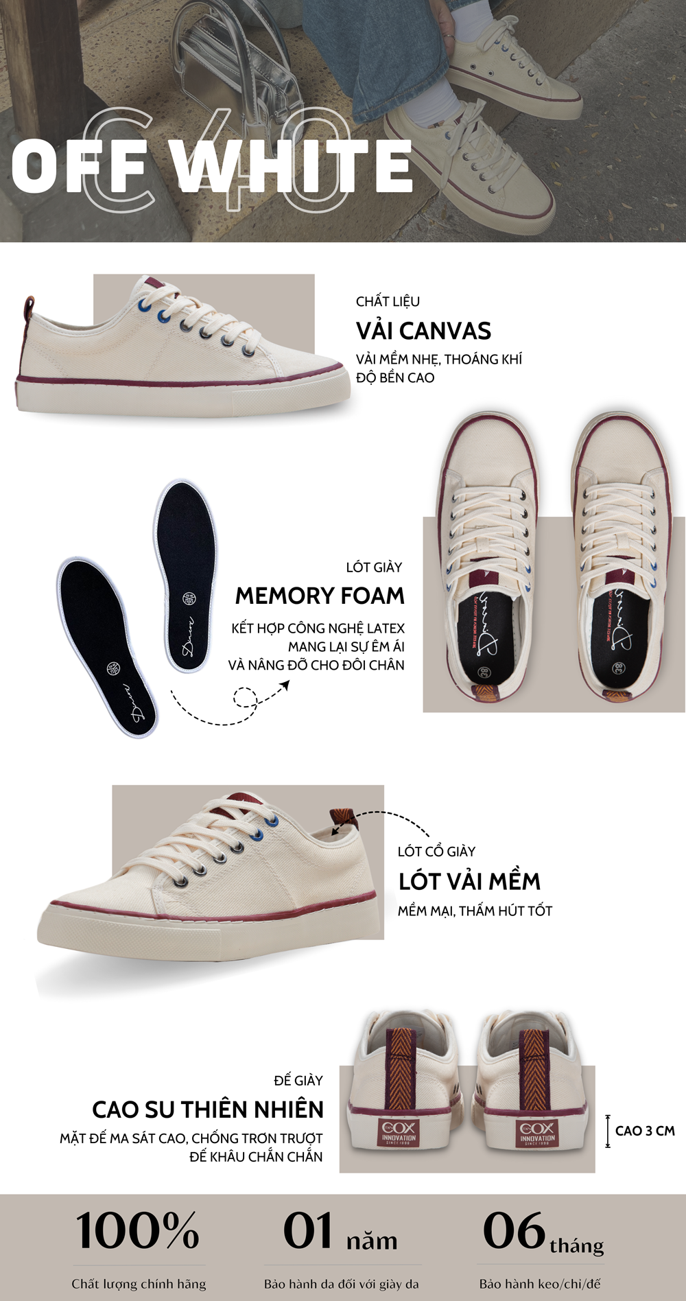 Mô tả Giày Vải Canvas Đế Bằng Sneaker Nam Nữ C40 Trắng Kem Dincox - 1