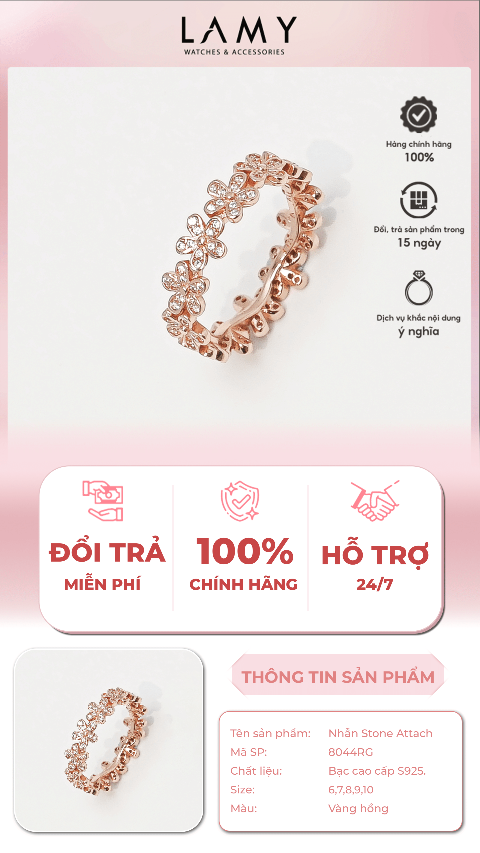 Mô tả Nhẫn bạc nữ CDE Stone Attach Chrysanthemum Ring CDE8044RG - Nhẫn bạc nữ Lamy - 1