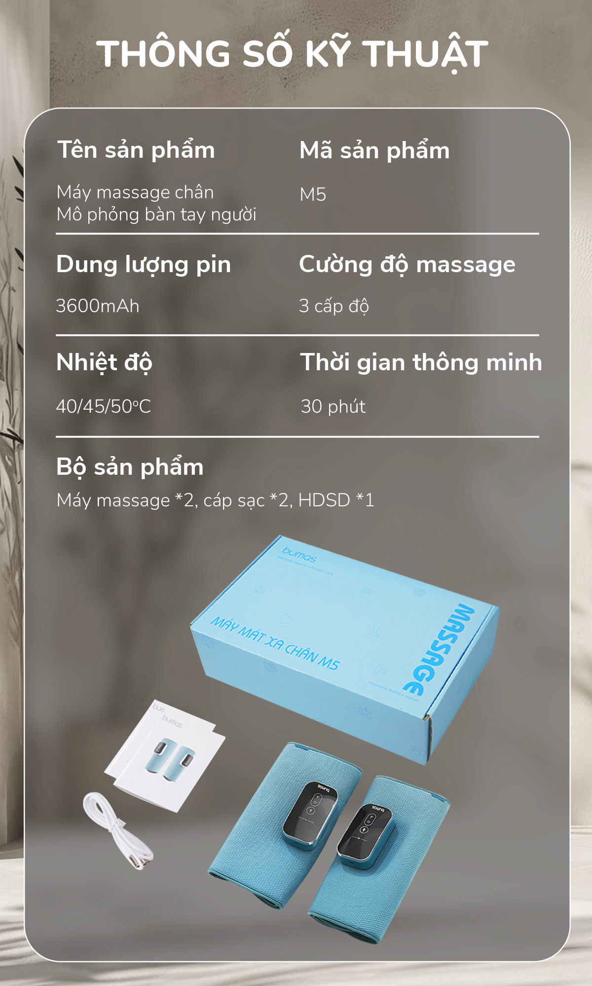Mô tả Máy Massage Bắp Chân BUMAS M5 - Massage Kết Hợp Chườm Nóng Bấm Huyệt Giải Tỏa Đau Nhức Vùng Bắp Chân - 2