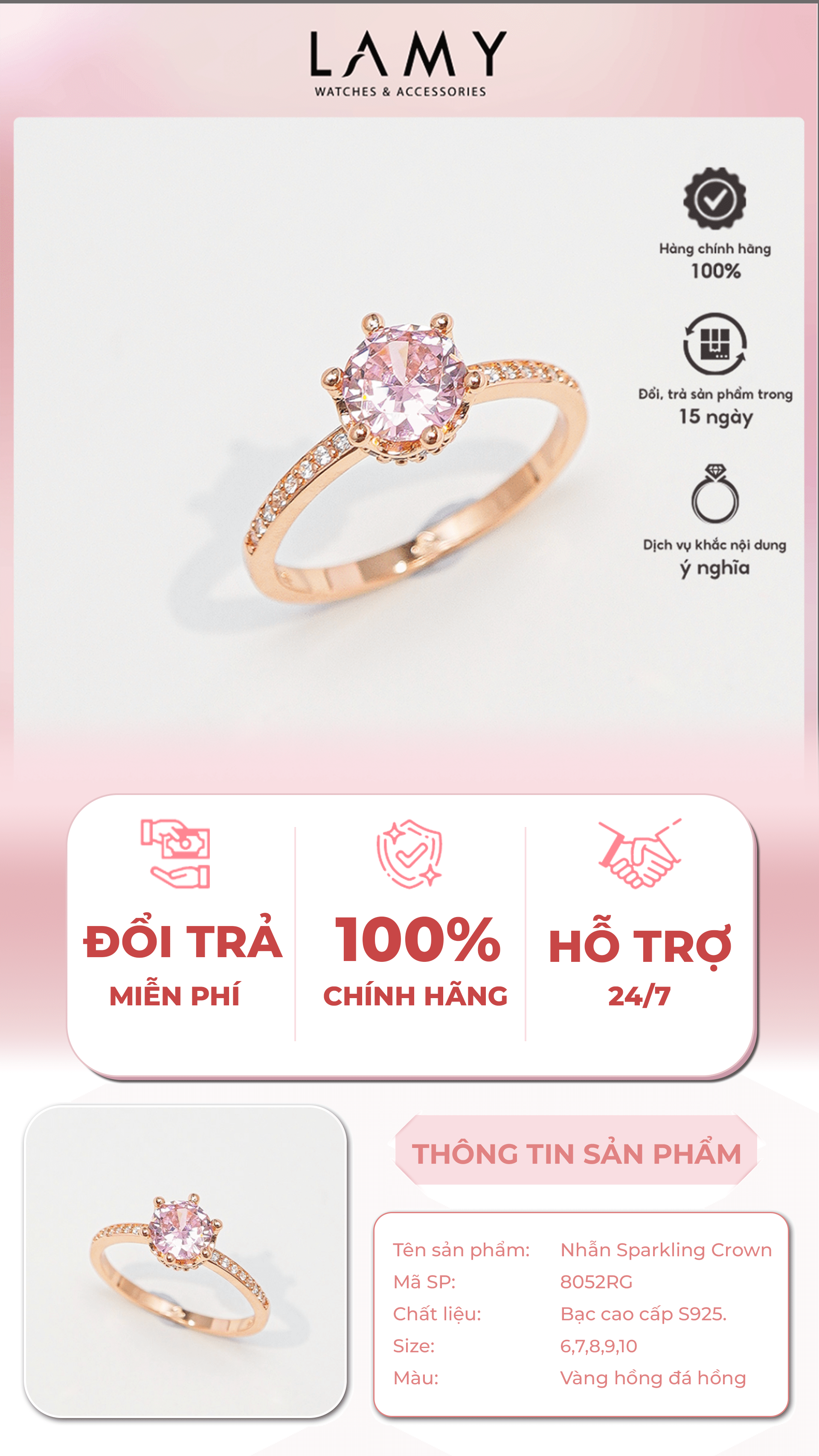 Nhẫn Bạc Nữ LAMY Sparkling Crown Rose Gold Ring 8052 | Shopee Việt Nam