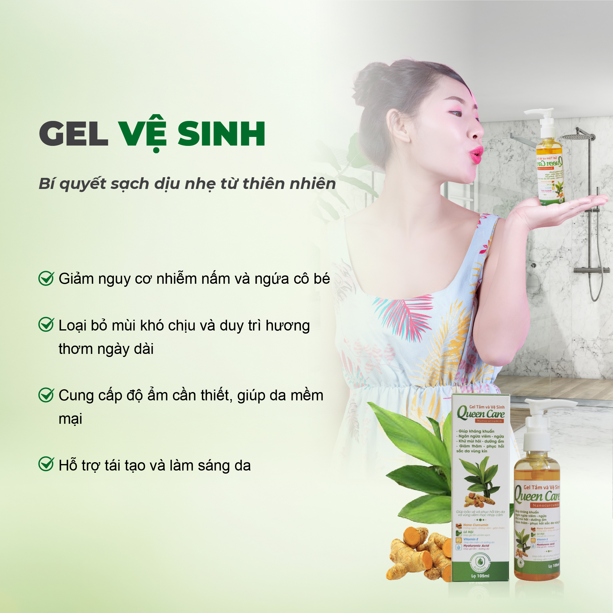 Mô tả Dung dịch vệ sinh phụ nữ gel nano nghệ tươi Queen Care dung tích 105ml - Giảm nấm ngứa, mùi hôi - 2