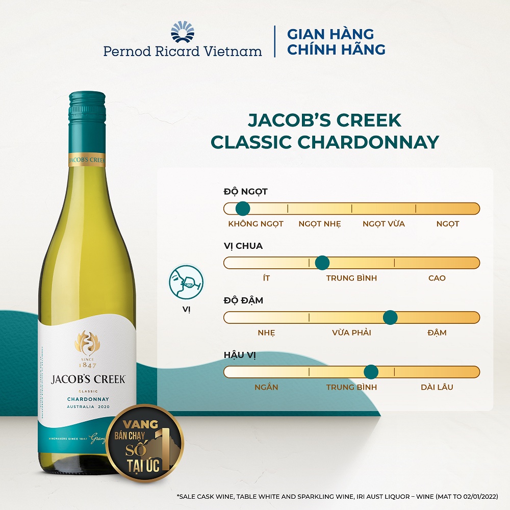 Mô tả Rượu Vang Trắng Jacob's Creek Classic Chardonnay Nồng Độ Alc 12.9% 750ml không kèm hộp - 1
