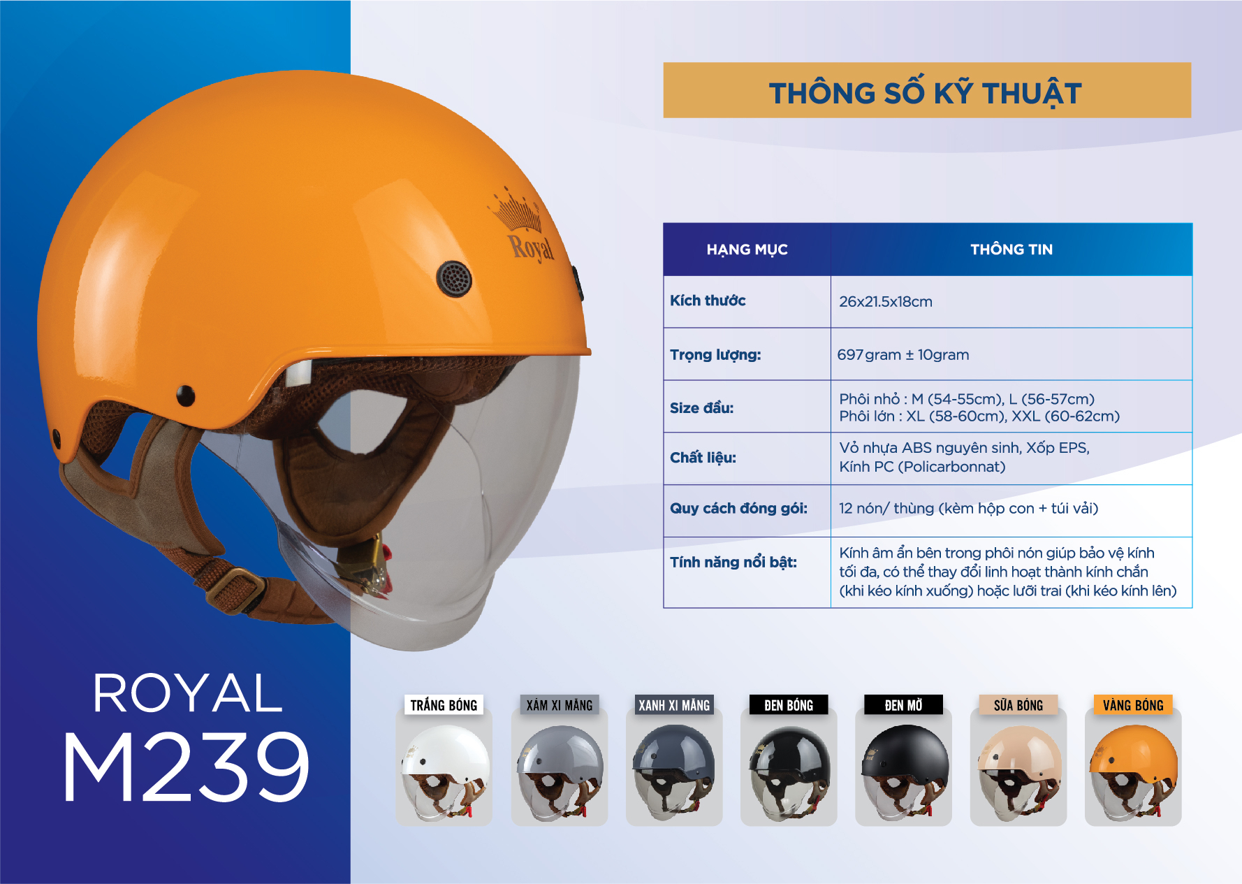 Mô tả Mũ Bảo Hiểm Nửa Đầu Kính Âm Royal Helmet M239 Trơn, Nón Bảo Hiểm 1/2 Royal Hàng Chính Hãng Bảo Hành 1 Năm Hợp Nam Nữ - 1