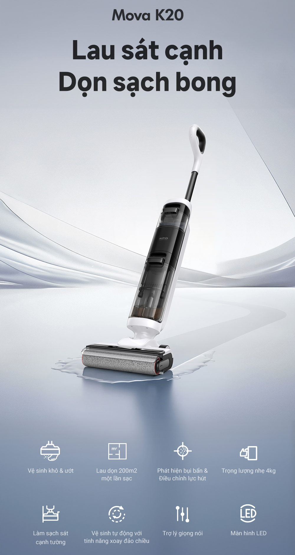 Mô tả Máy hút bụi lau nhà khô và ướt đa năng Mova K20/K20 Pro | Không dây | Lực hút 7000Pa- Hàng chính hãng - Bảo hành 12 thán - 1