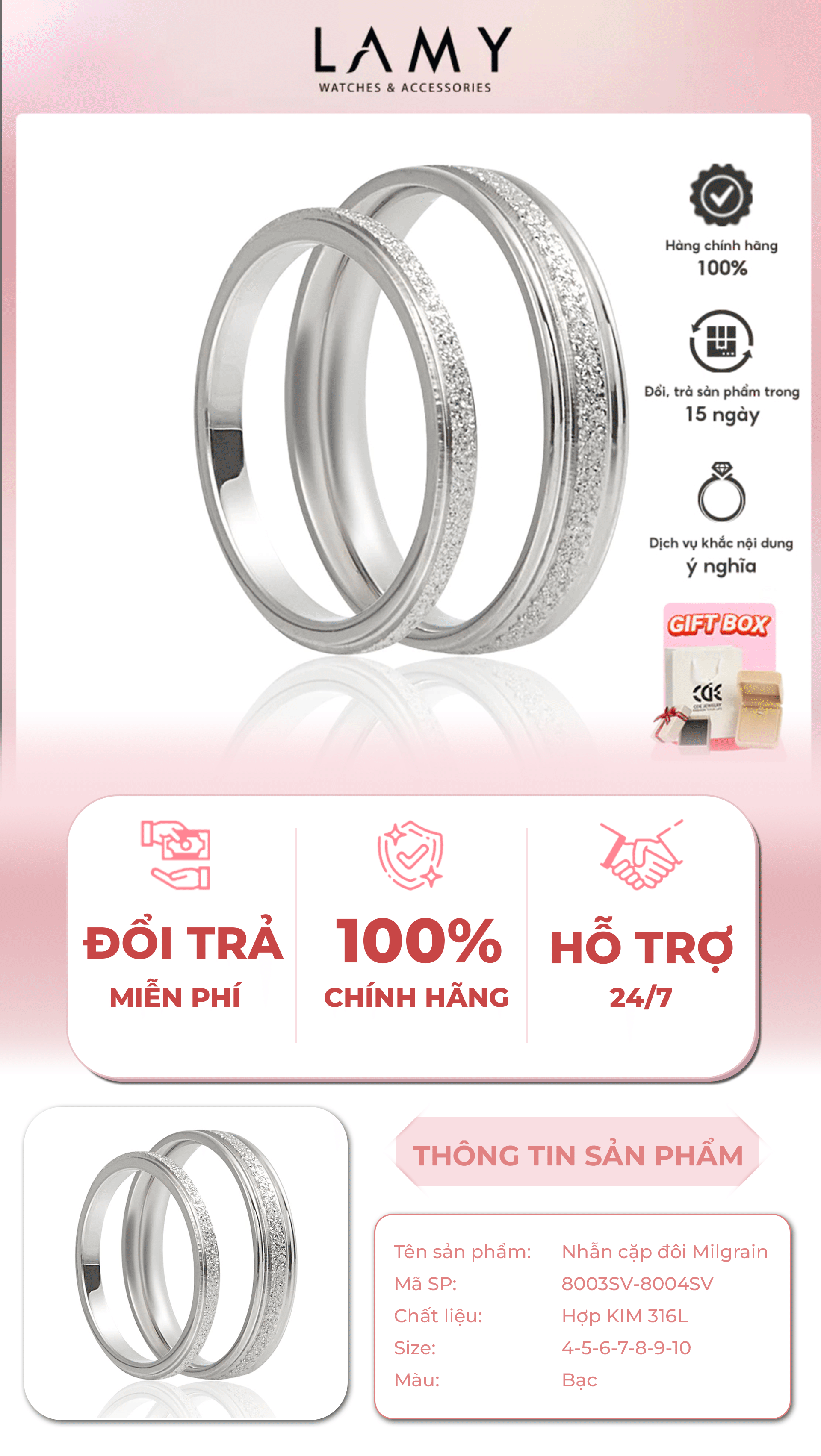 Mô tả Nhẫn cặp đôi CDE Milgrain Silver Ring CDE8003SV & CDE8004SV - 1
