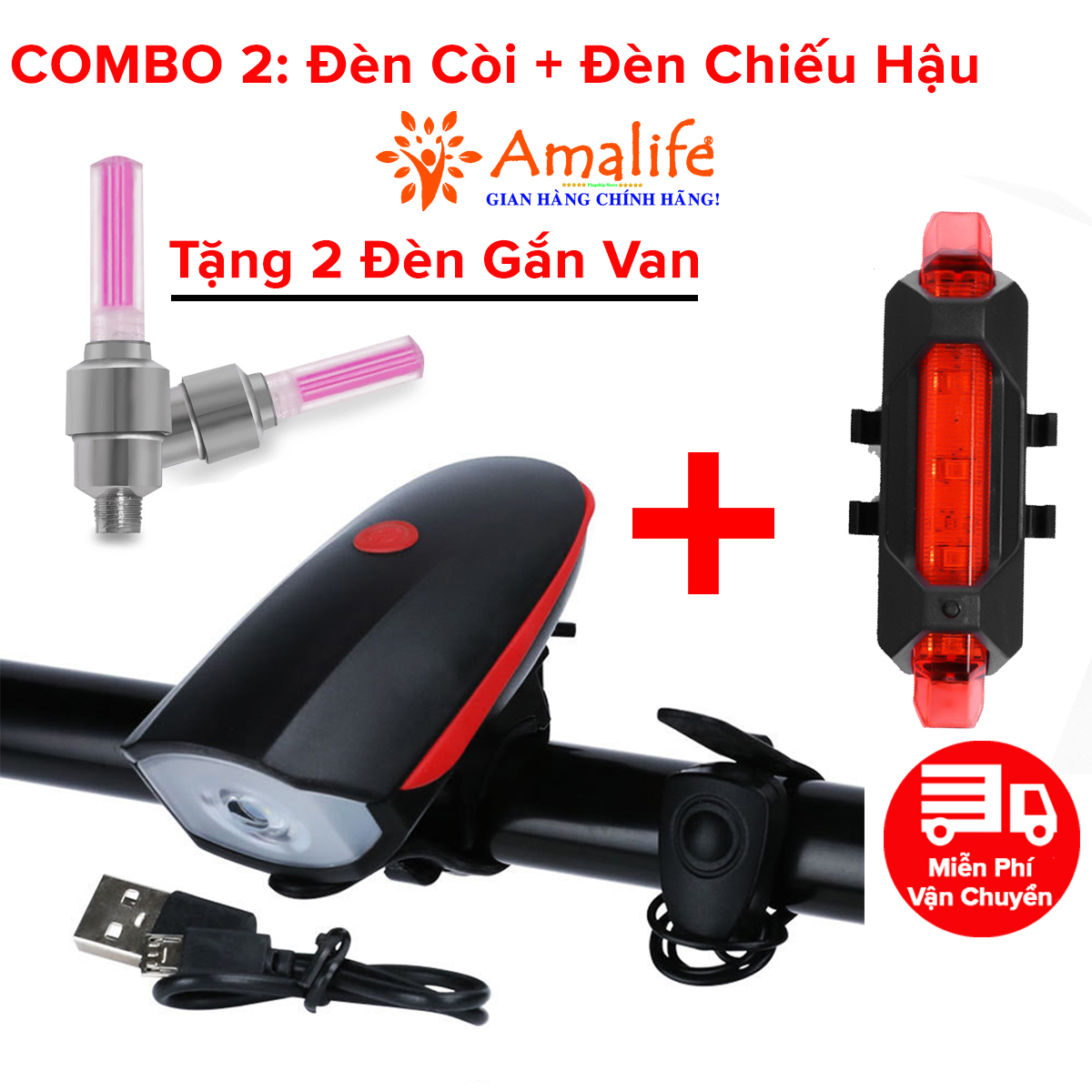 Mô tả Combo Đèn Xe Đạp Thể Thao Siêu Sáng Có Còi Pin Sạc Chống Nước + Đèn Chiếu Hậu Cảnh Báo H02 TẶNG 2 ĐÈN GẮN VAN XE Amalife - 1
