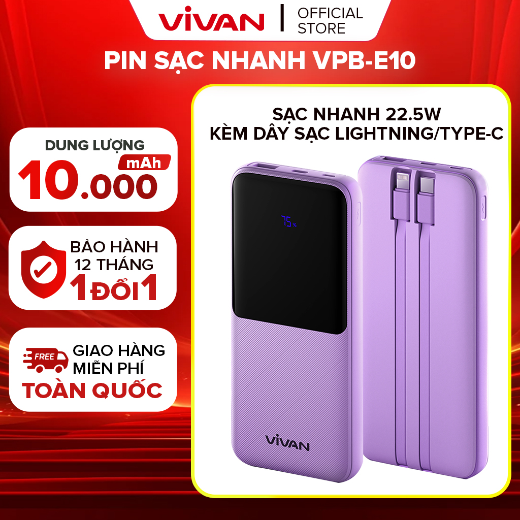 Mô tả Pin Sạc Dự Phòng 10000mAh VIVAN VPB-E10 Tích Hợp Dây Sạc, 4 OUTPUT Công Suất 22.5W, Hỗ Trợ PD/ QC3.0/ VOOC - 1