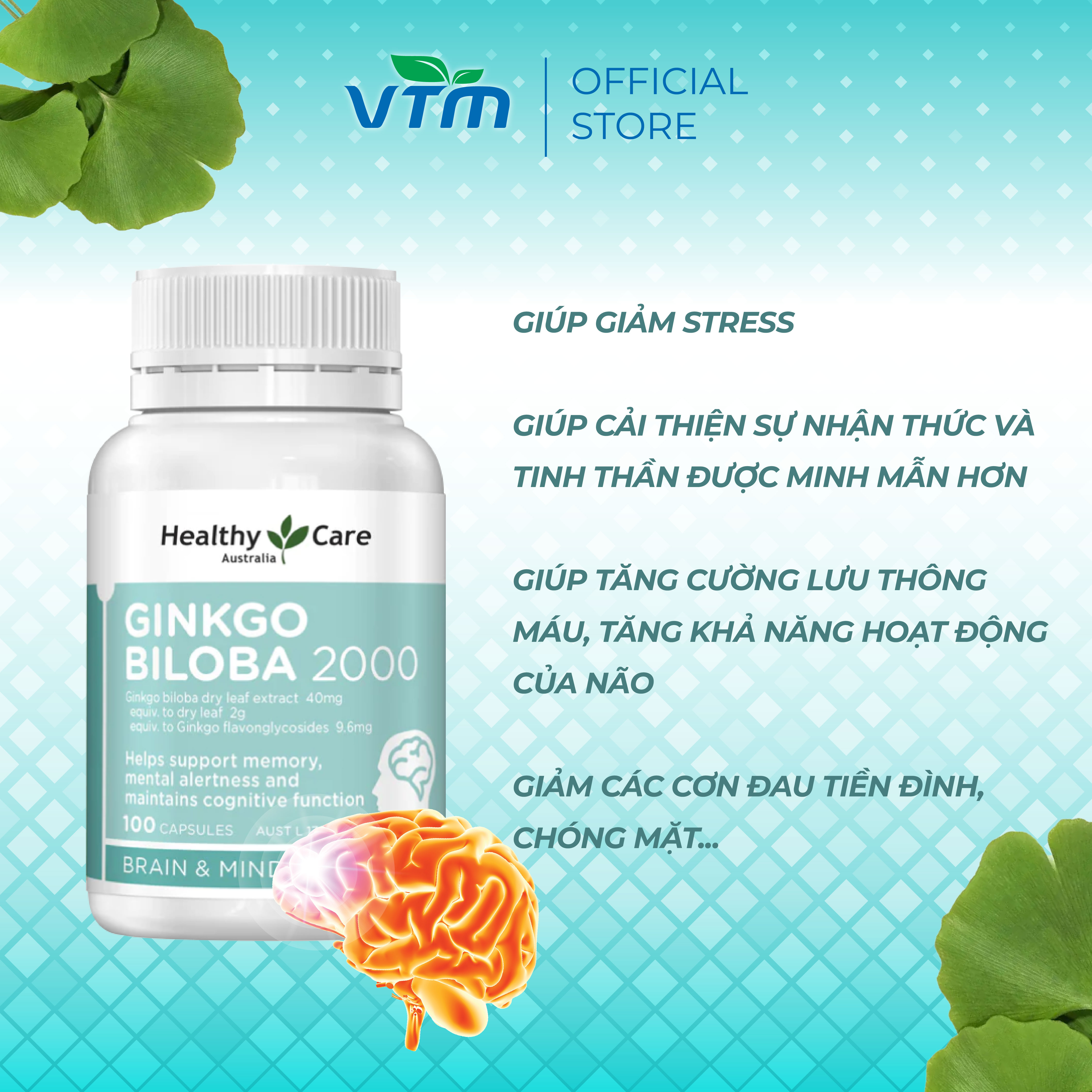 Mô tả Viên uống bổ não Healthy Care Ginkgo Biloba tăng cường trí nhớ, giảm đau đầu, lưu thông máu não - 3
