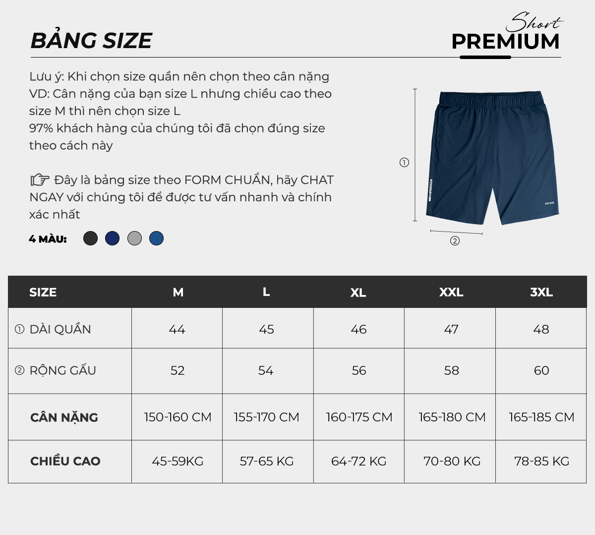 Bảng size quần đùi Guzado