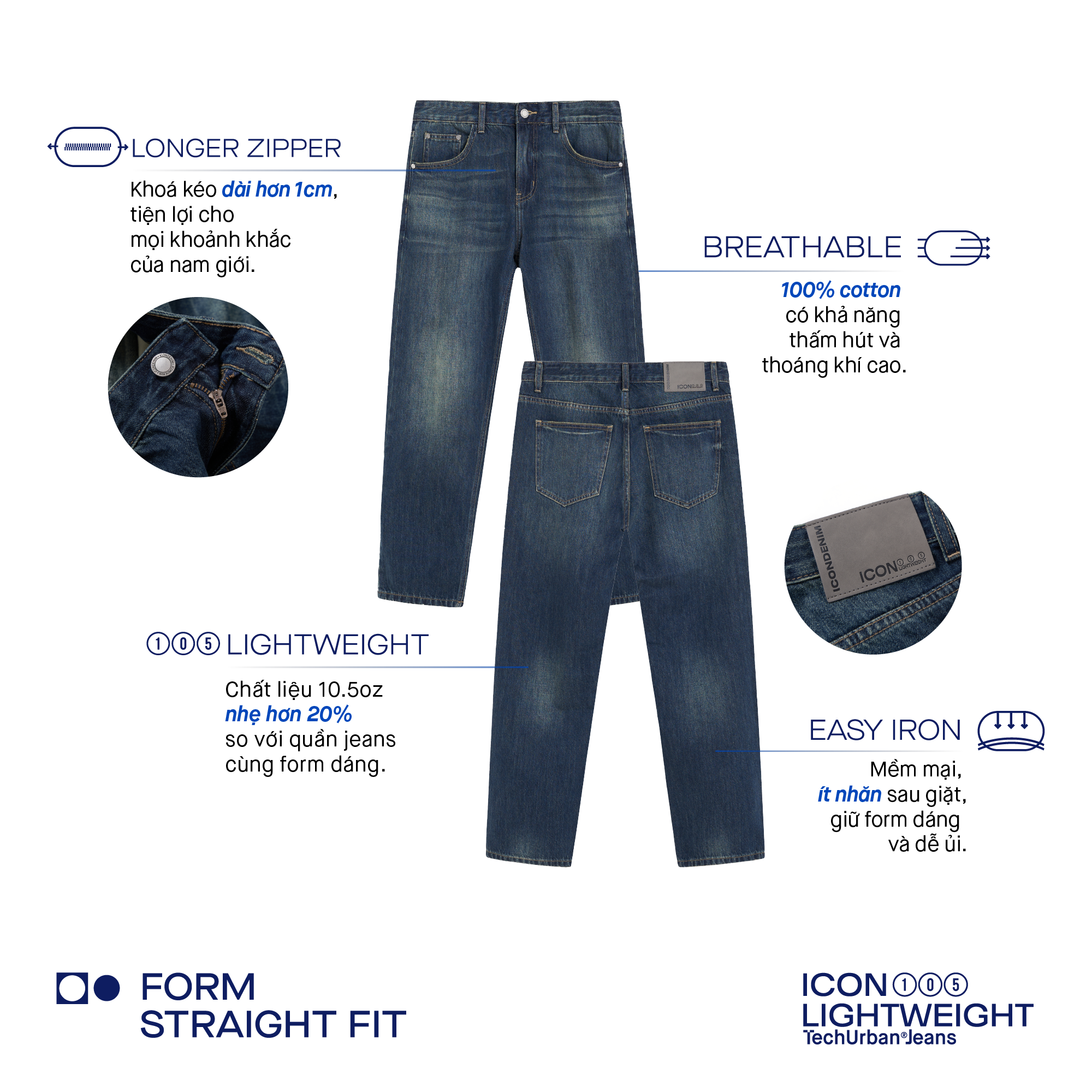 Mô tả Quần jeans nam ICONDENIM, quần bò ống đứng, dáng suông, công nghệ Lightweight siêu nhẹ, chống nhăn tốt ICON105 - 5