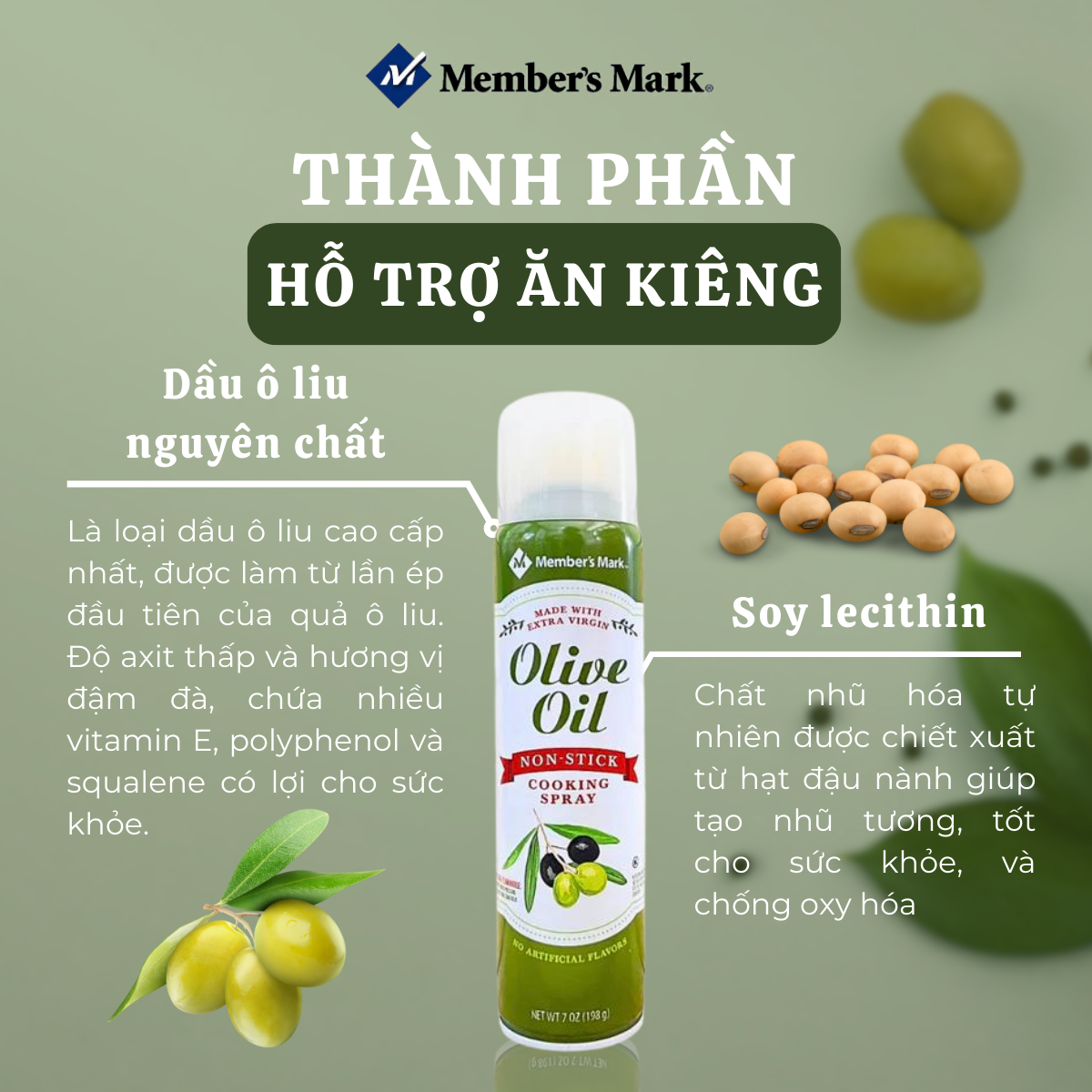 Dầu oliu nguyên chất dạng xịt Member’s Mark Olive Oil Cooking Spray hỗ trợ giảm cân, bổ sung