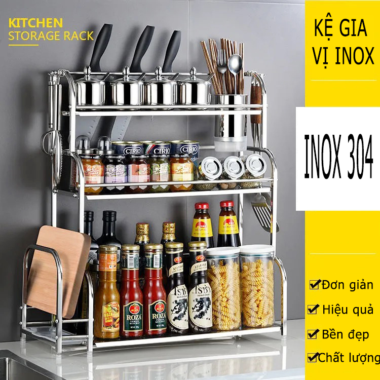 Kệ Đựng Gia Vị INOX 304 Nhà Bếp 2 3 Tầng, Kệ Bếp Cài Dao Thớt Cắm Đũa ...