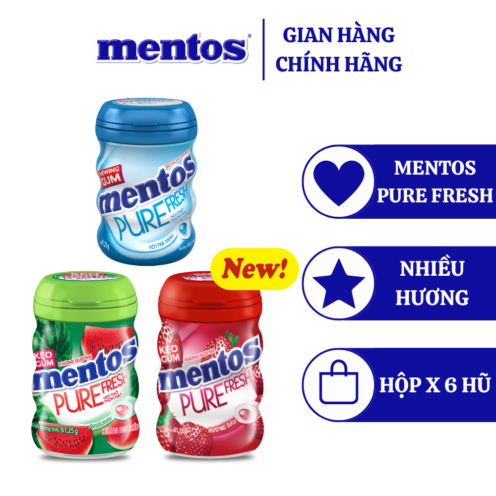 Mô tả Sing gum không đường Mentos Pure Fresh hương bạc hà (hộp 6 hủ) - 1