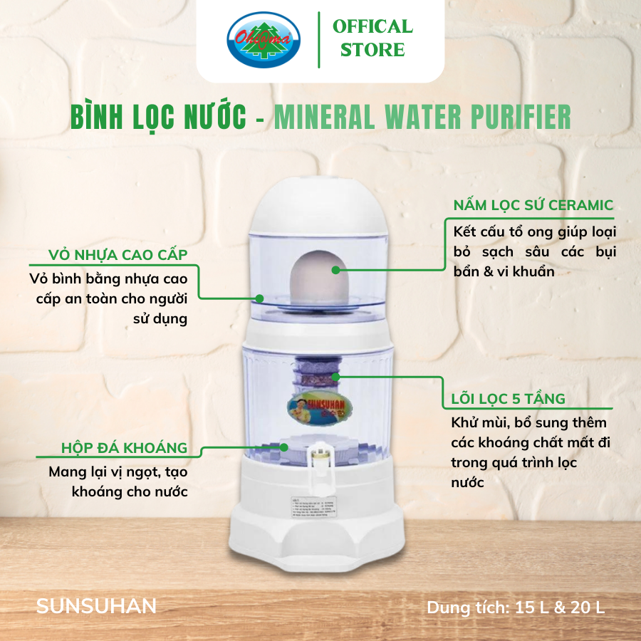 Mô tả Bình Lọc Nước Sunsuhan Mineral Water Purifier 15L - Nấm Sứ Ceramic và Lõi Lọc 5 Tầng | Ohiama - 2