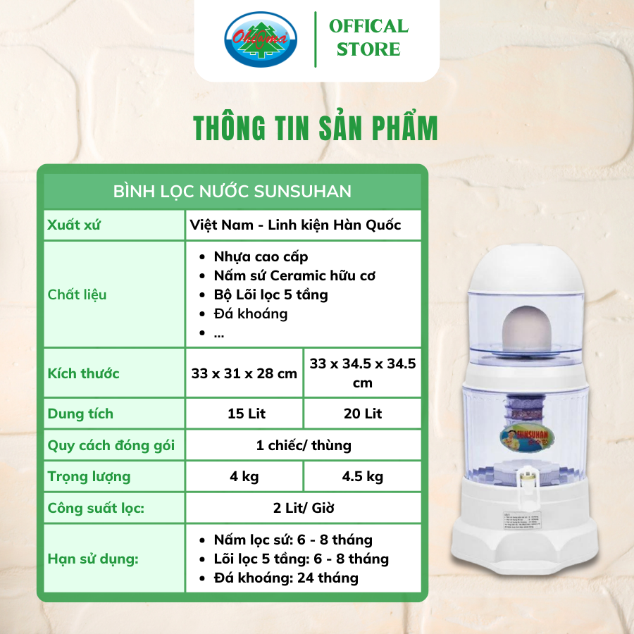 Mô tả Bình Lọc Nước Sunsuhan Mineral Water Purifier 15L - Nấm Sứ Ceramic và Lõi Lọc 5 Tầng | Ohiama - 3