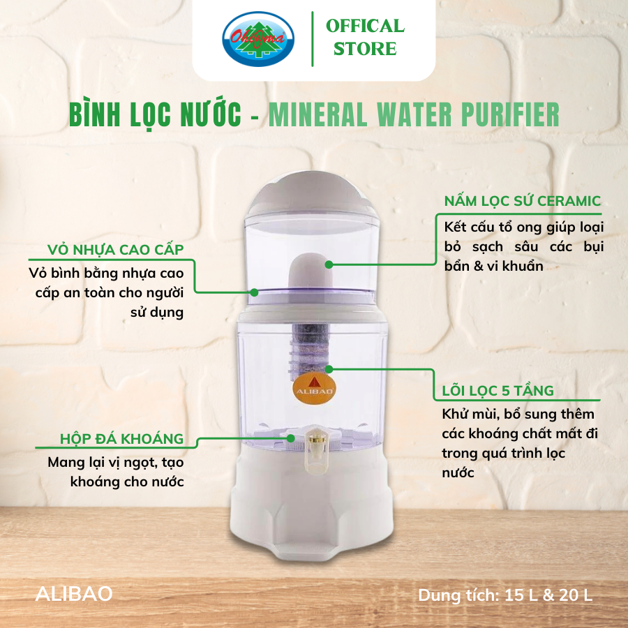Mô tả Bình Lọc Nước Uống Alibao Mineral Water Purifier 15L Nấm Sứ Ceramic và Lõi Lọc 5 Tầng | Ohiama - 2
