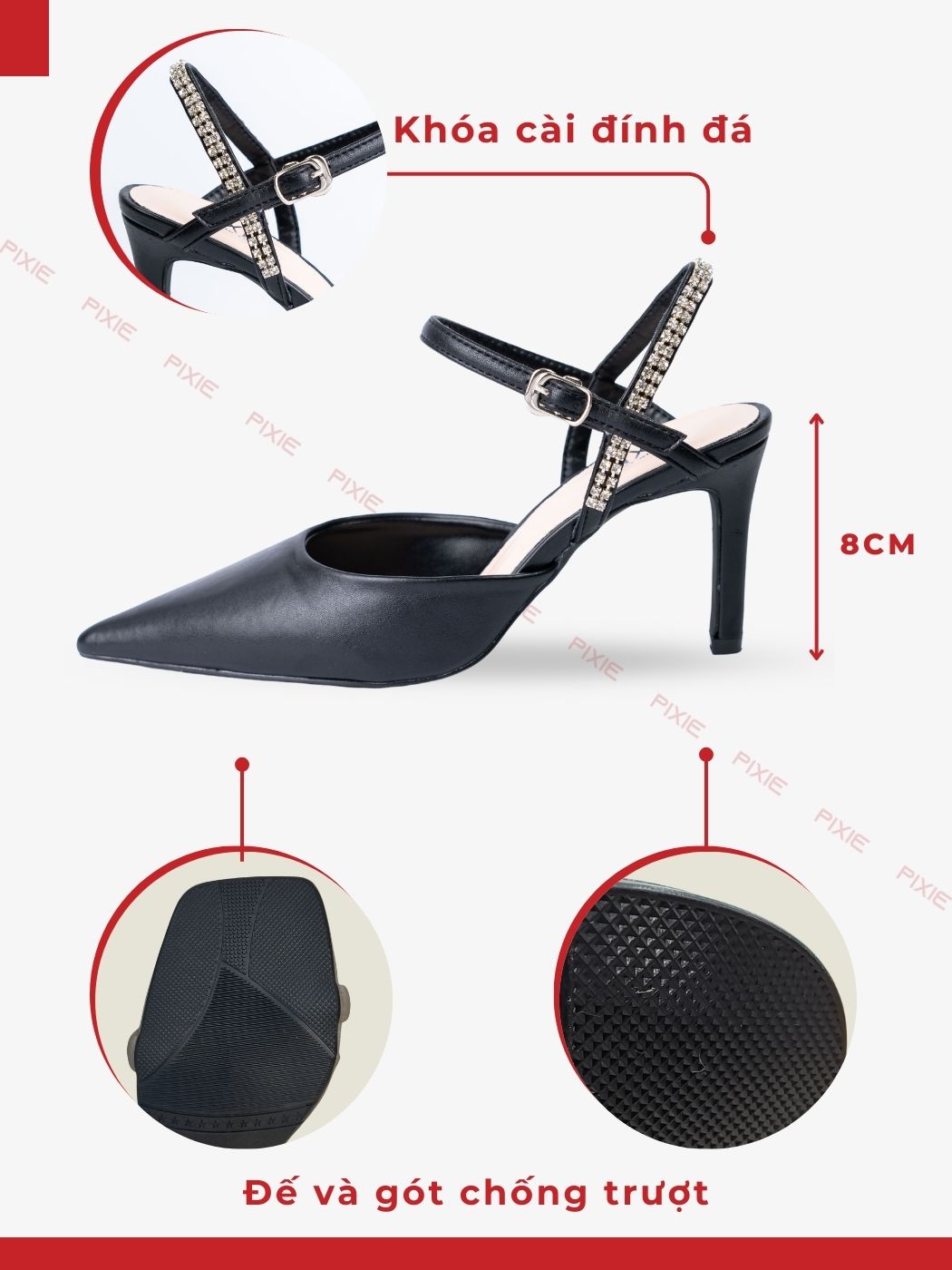 Mô tả Giày Sandal Cao Gót Nữ 8cm Bít Mũi Hậu Đính Đá Pixie H300 - 3