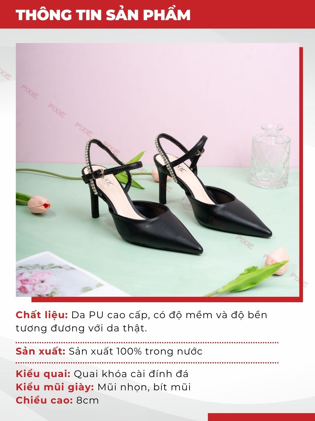 Mô tả Giày Sandal Cao Gót Nữ 8cm Bít Mũi Hậu Đính Đá Pixie H300 - 2