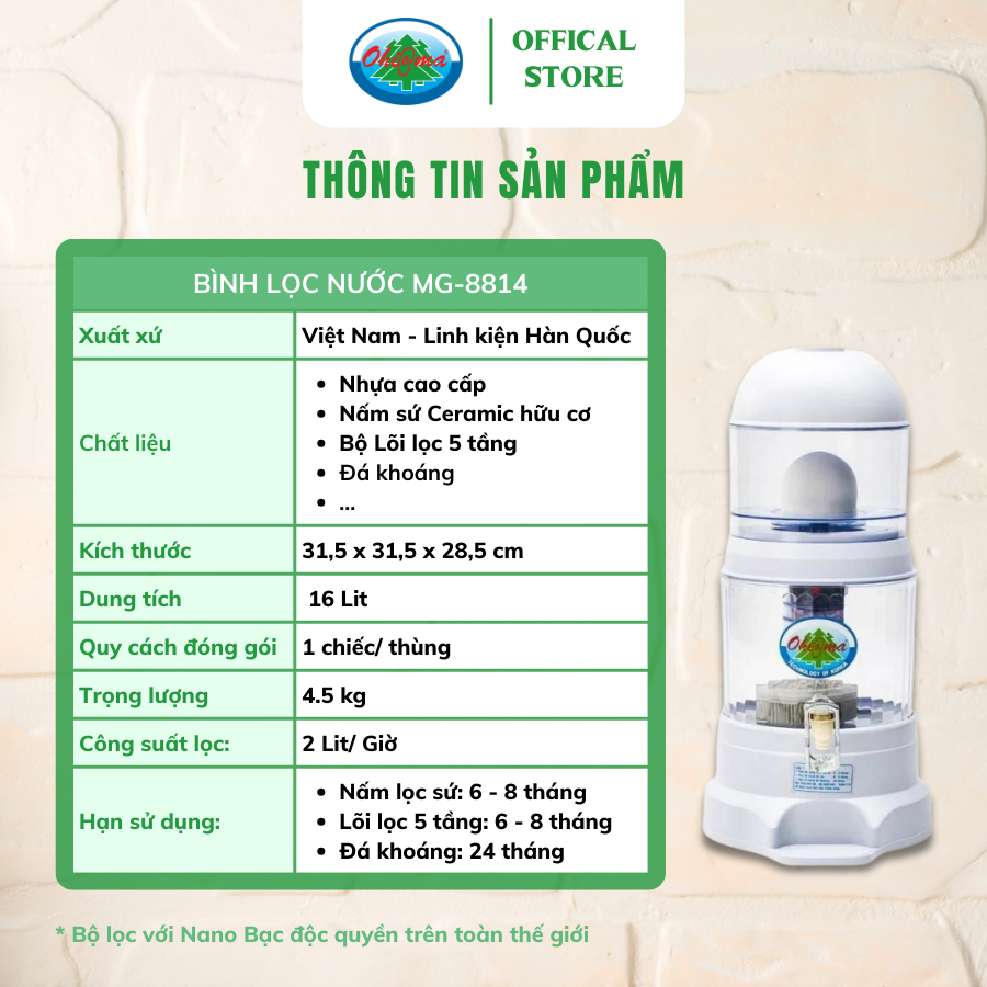 Mô tả Bình Lọc Nước Ohiama Mineral Water Purifier MG-8818 20 Lit - Nấm Sứ Ceramic và Lõi Lọc 5 Tầng - 3