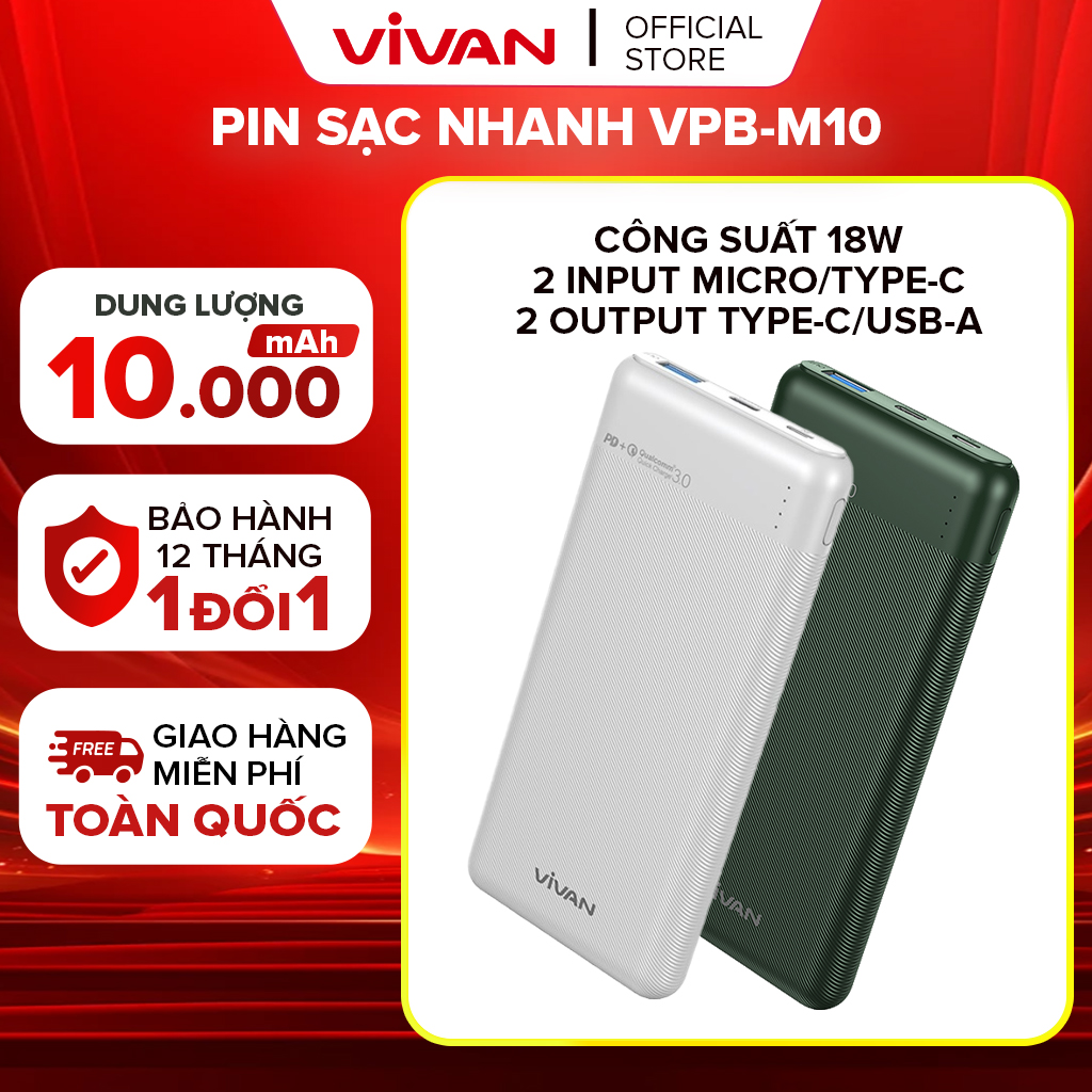 Mô tả Pin Sạc Dự Phòng Chính Hãng 10000mAh VIVAN VPB-M10/ VPB-Q10 20000mAh X10 Sạc Nhanh Chuẩn PD/QC3.0 18W - 5