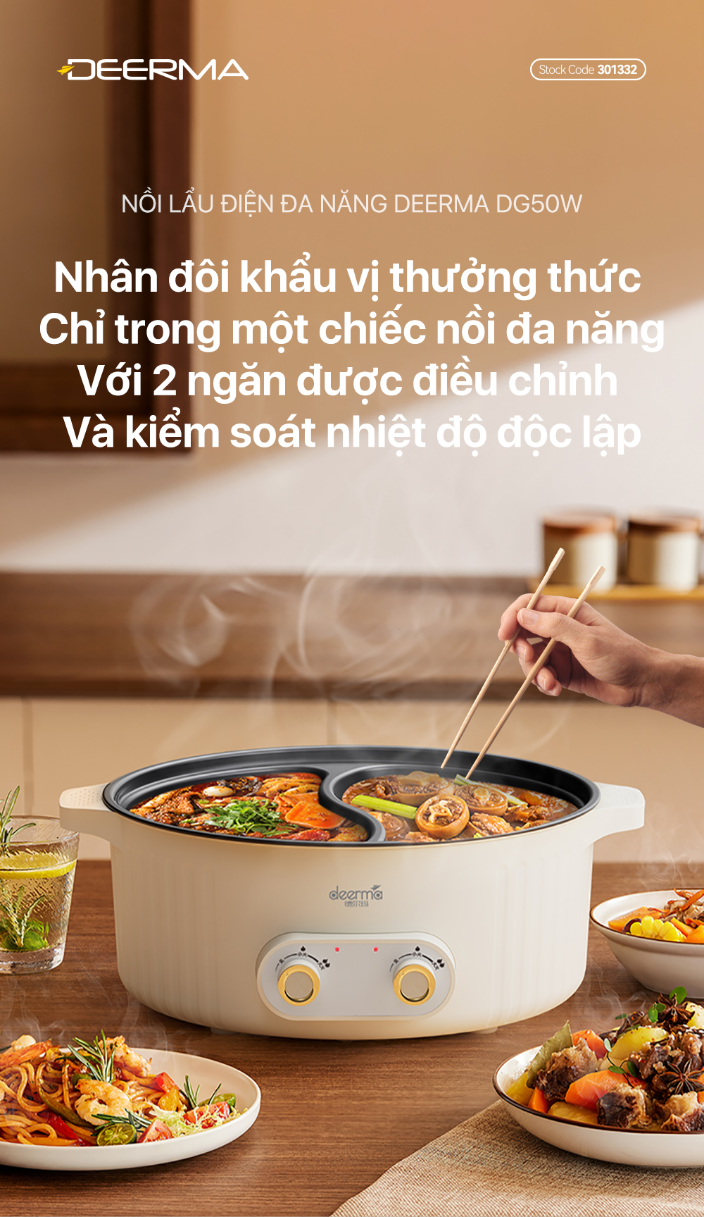 Mô tả Nồi lẩu điện đa năng 2 ngăn Deerma DG50W chống dính, dung tích lớn 6L công suất 2000W - Bảo hành 12 tháng - 1