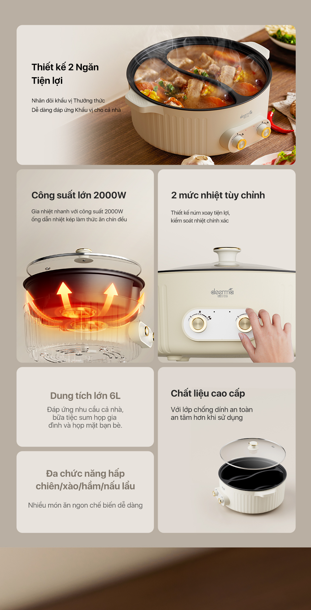 Mô tả Nồi lẩu điện đa năng 2 ngăn Deerma DG50W chống dính, dung tích lớn 6L công suất 2000W - Bảo hành 12 tháng - 2