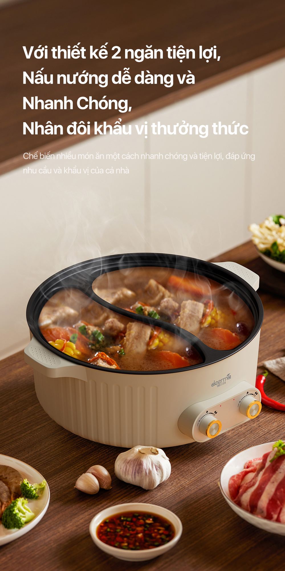 Mô tả Nồi lẩu điện đa năng 2 ngăn Deerma DG50W chống dính, dung tích lớn 6L công suất 2000W - Bảo hành 12 tháng - 3
