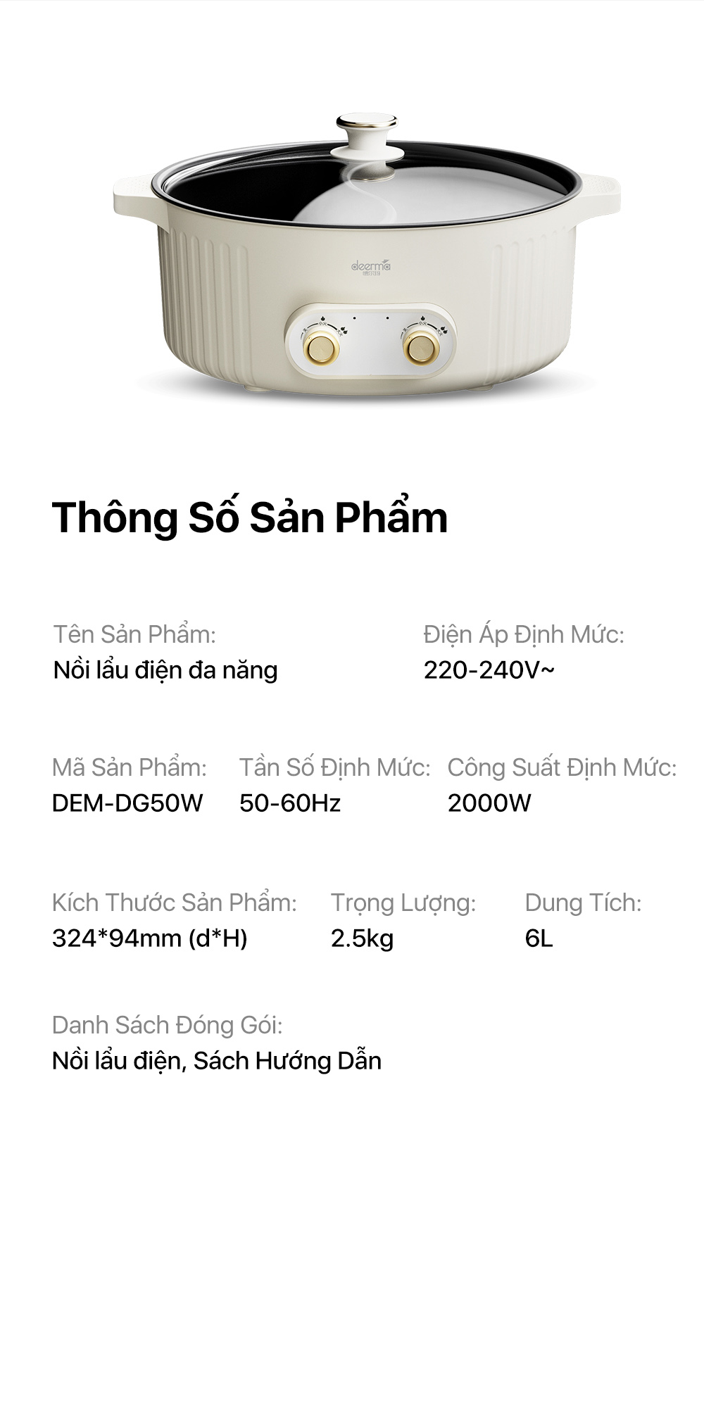 Mô tả Nồi lẩu điện đa năng 2 ngăn Deerma DG50W chống dính, dung tích lớn 6L công suất 2000W - Bảo hành 12 tháng - 12