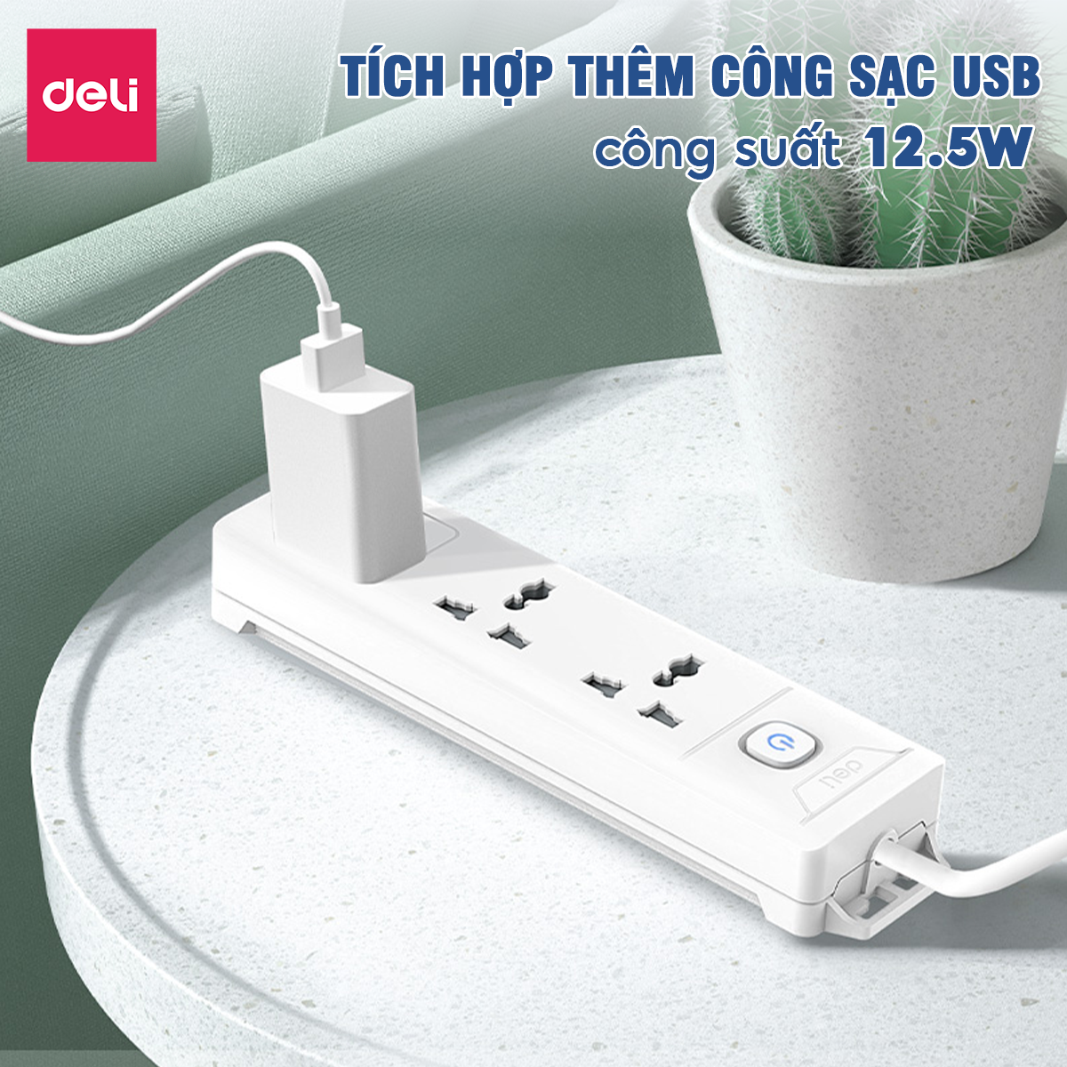 Mô tả Ô Cắm Điện DELI Công Suất Lớn 3250W Ổ Điện Đa Năng Chịu Tải Cao Sạc USB Tiết Diện Dây Đồng Lớn - 3