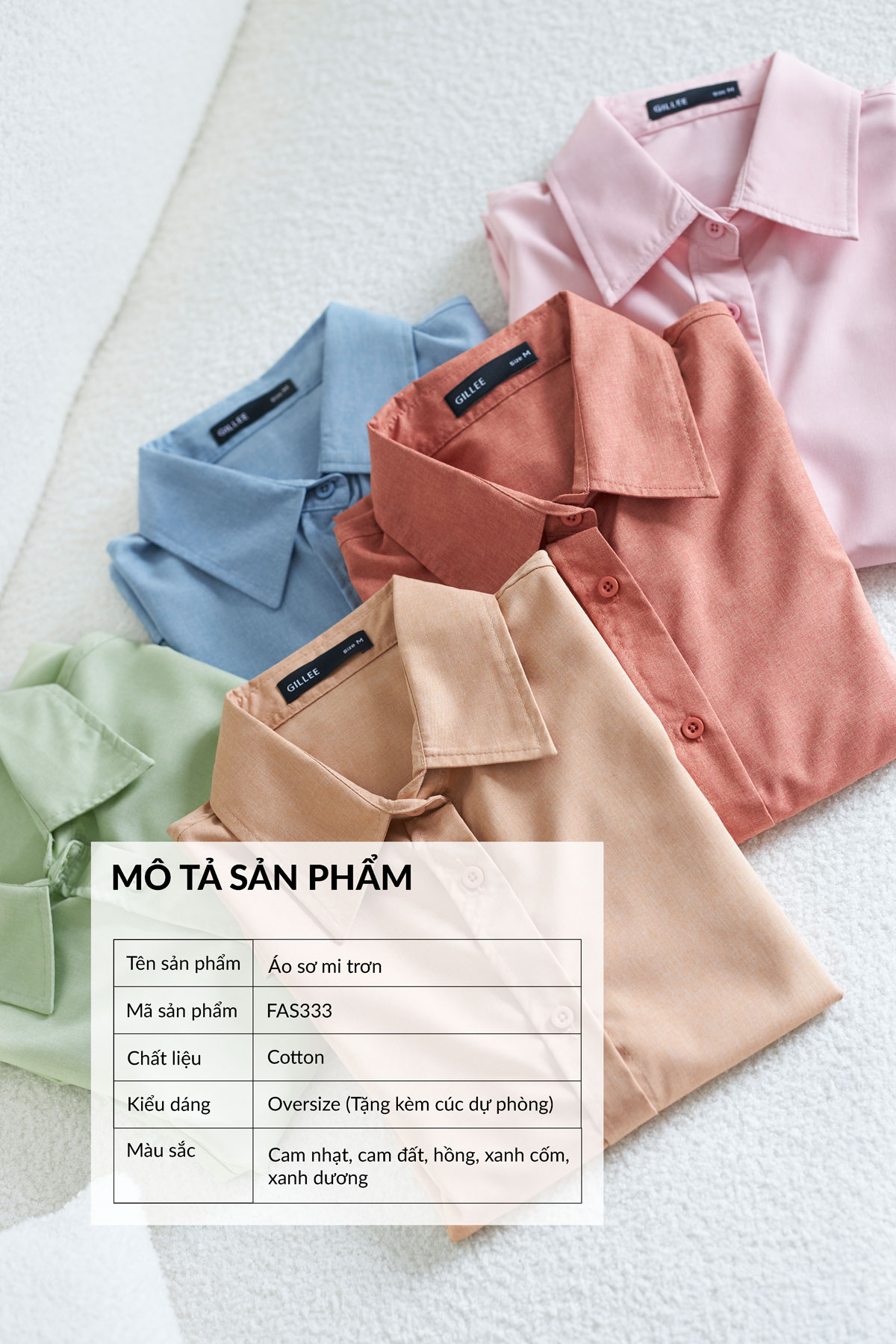 Mô tả Áo sơ mi nữ GILLEE chất cotton dáng oversized, sơ mi form rộng vải cotton thấm hút, tôn dáng FAS333 - 1