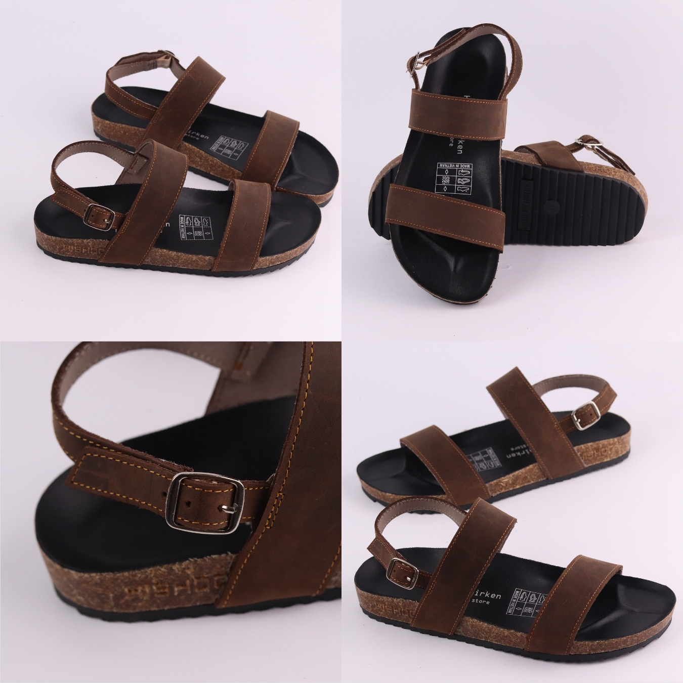 Mô tả Dép sandal đế trấu birken nam nữ unisex quai ngang da bò size 36-45 chính hãng Hishoo M050 - 10