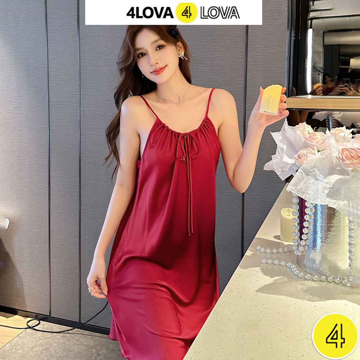Mô tả Váy ngủ 2 dây nơ ngực 4LOVA  đẹp quyến rũ chất lụa trơn Satin mềm mịn - Váy ngủ Dahlia - EVA0161 - 4