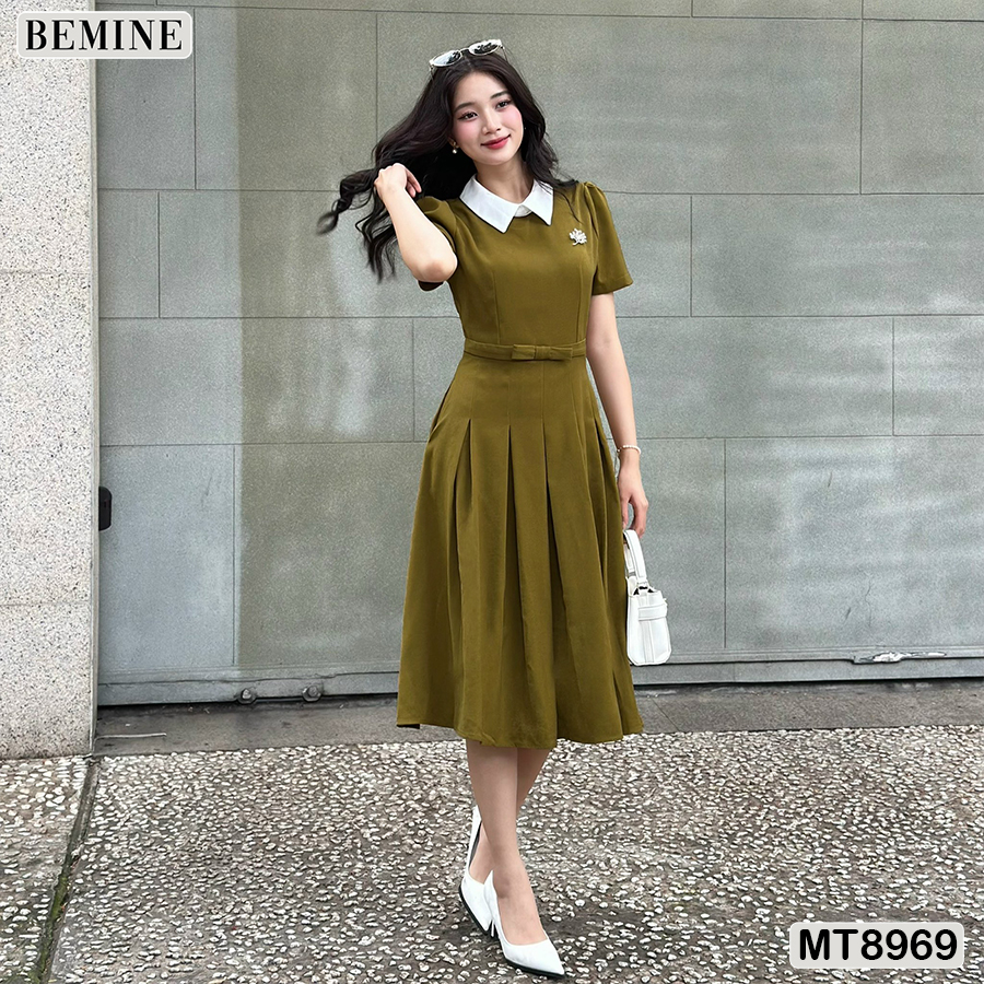 Mô tả Đầm thiết kế cổ sen eo đính nơ tùng xếp ly BEMINE MT8969 - 5