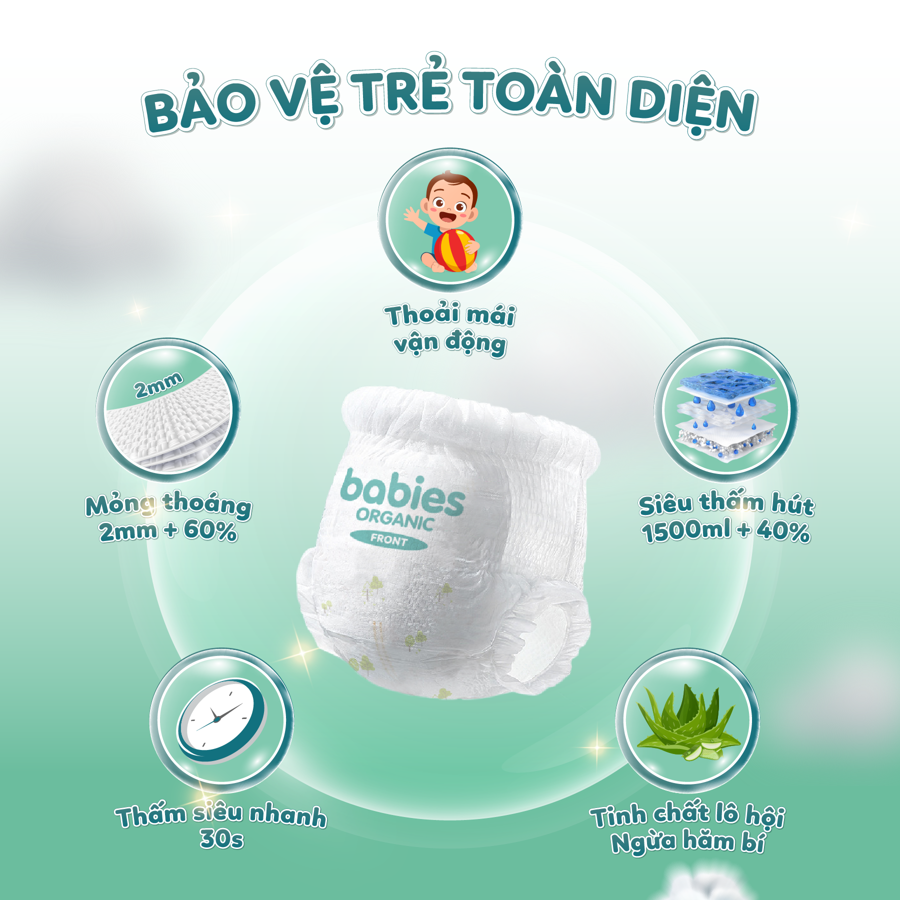 Mô tả Tã/Bỉm Babies Organic Siêu Mềm Mịn, 2mm Mỏng Thoáng, Lô Hội Ngừa Hăm Bí,Thương Hiệu Bỉm Việt - Size NB/S/M/L/XL/2XL/3XL - 4