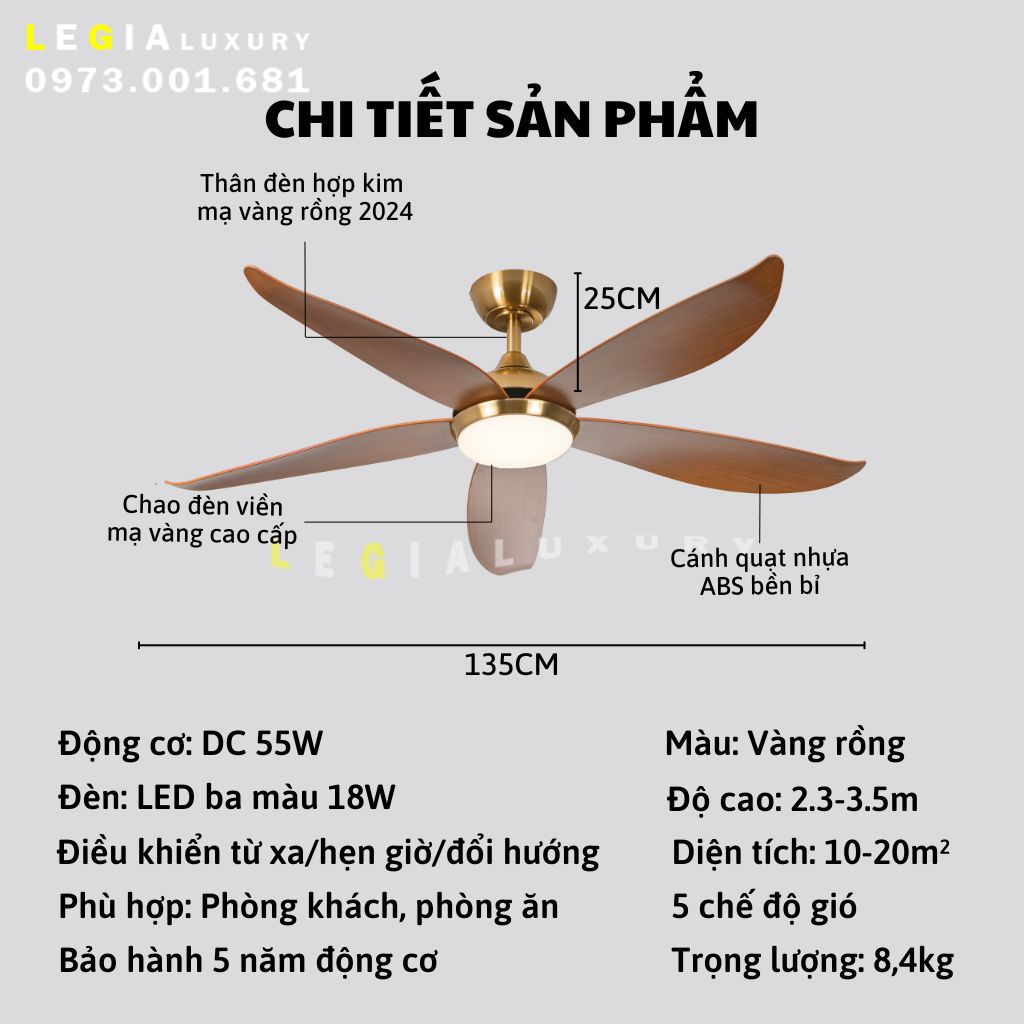 Mô tả Quạt trần chung cư cổ ngắn Chính Hãng Lê Gia LGFAN669 gió mạnh rât khỏe phù hợp trần 2.3m đến 3.2m - 1
