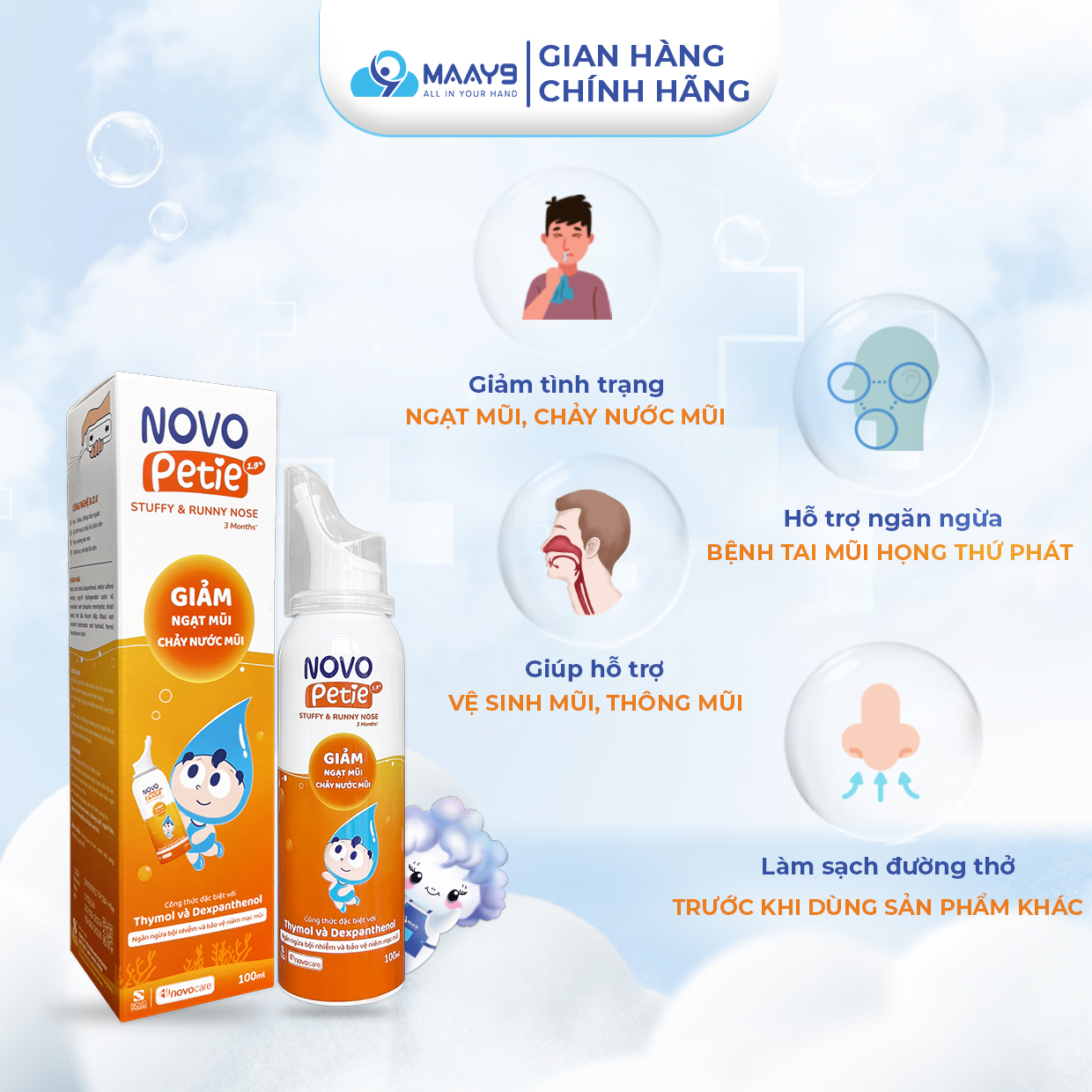 Xịt mũi Novocare Novopetie giảm ngạt mũi ngăn ngừa bội nhiễm