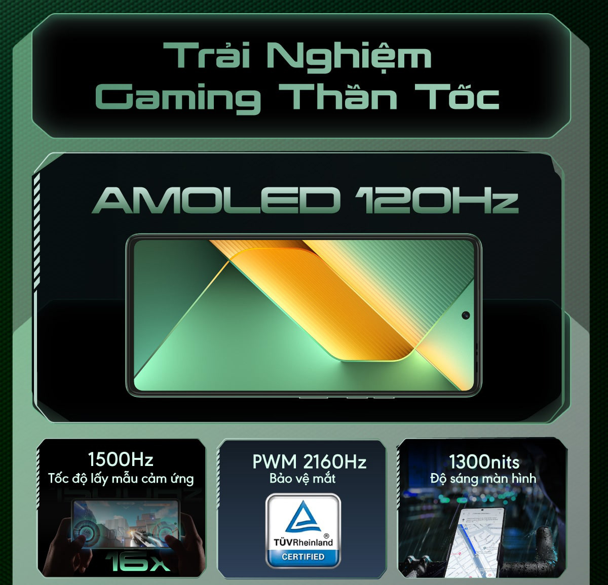 Mô tả [Quà tặng kèm có hạn] Điện thoại gaming Tecno Pova 6 (8+8)GB/256GB I 6000mAh + 70W I AMOLED 120Hz I 108MP - 4