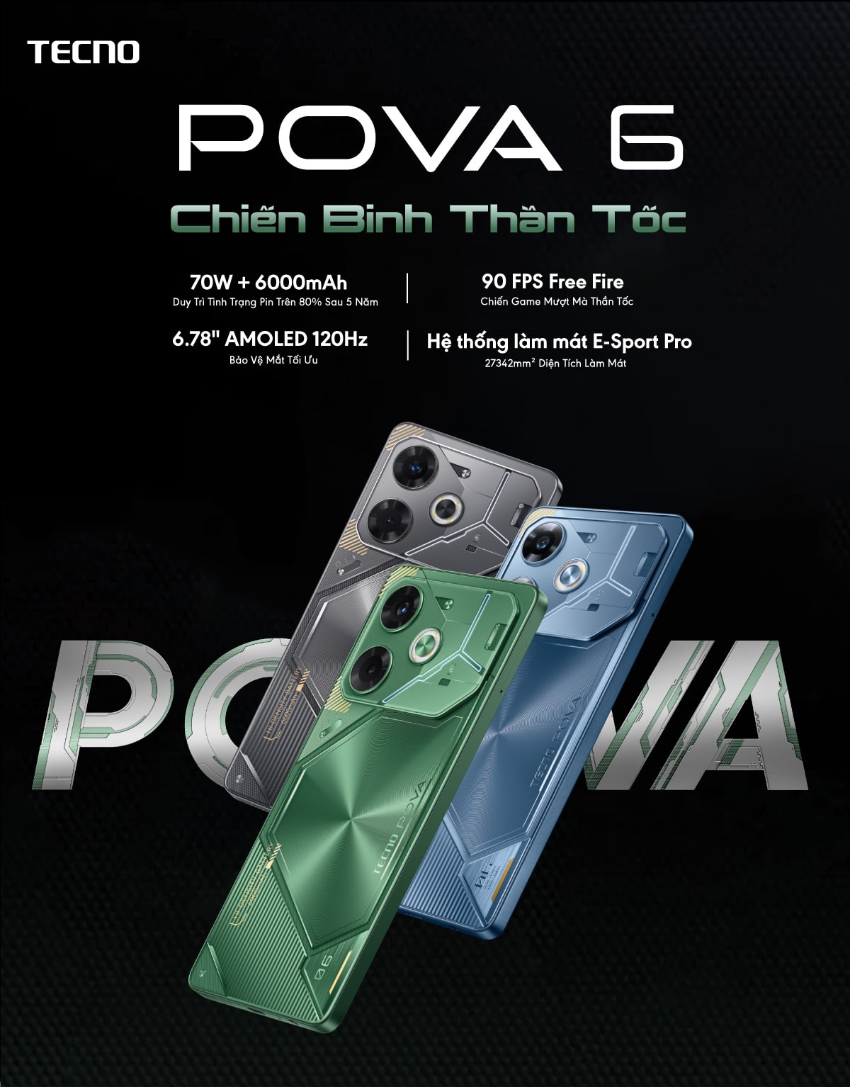 Mô tả [Quà tặng kèm có hạn] Điện thoại gaming Tecno Pova 6 (8+8)GB/256GB I 6000mAh + 70W I AMOLED 120Hz I 108MP - 1