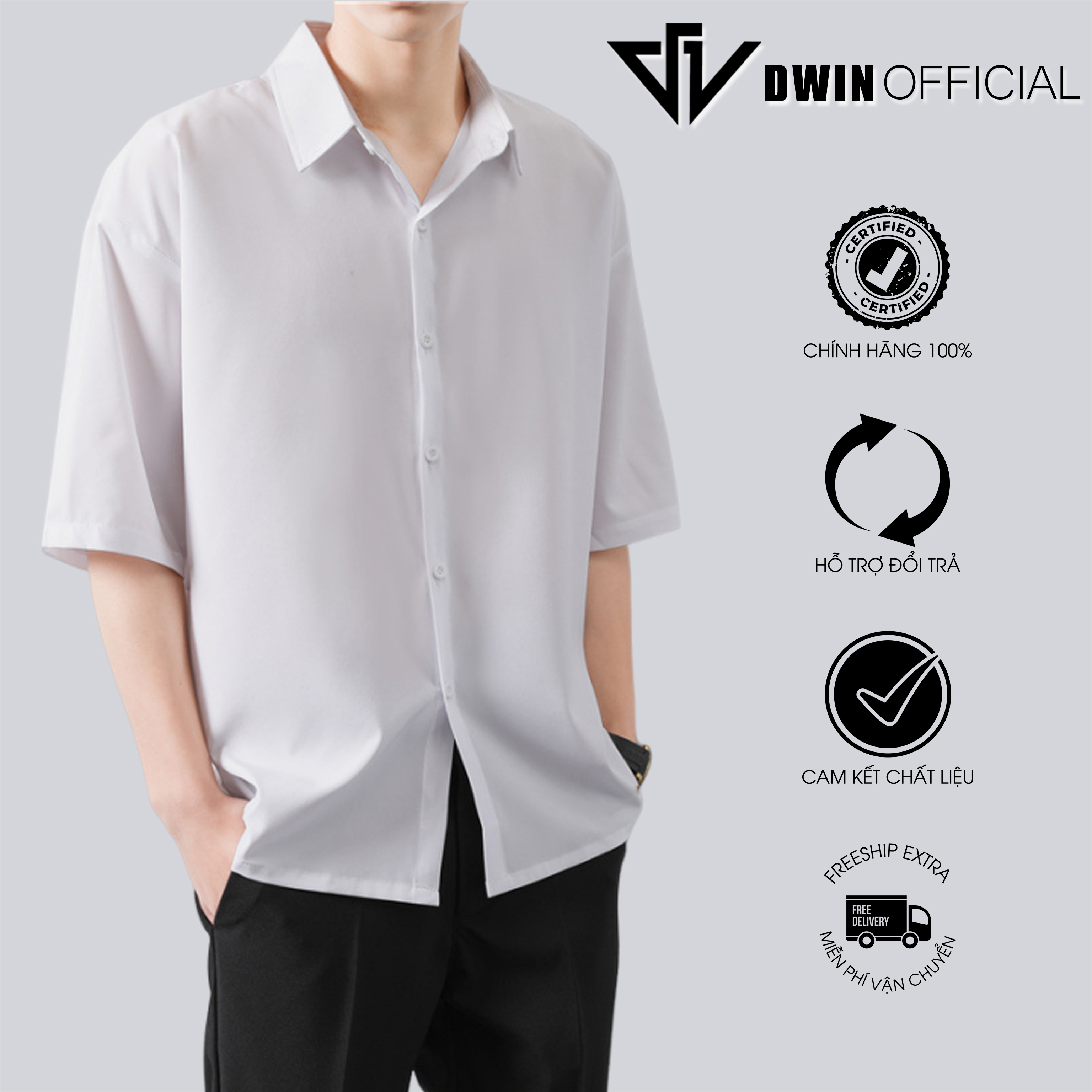 Mô tả Áo sơ mi ngắn tay nam nữ DWIN chất vải kaki cotton 300 gsm cộc basic unisex đứng form rộng không nhăn cao cấp - 6
