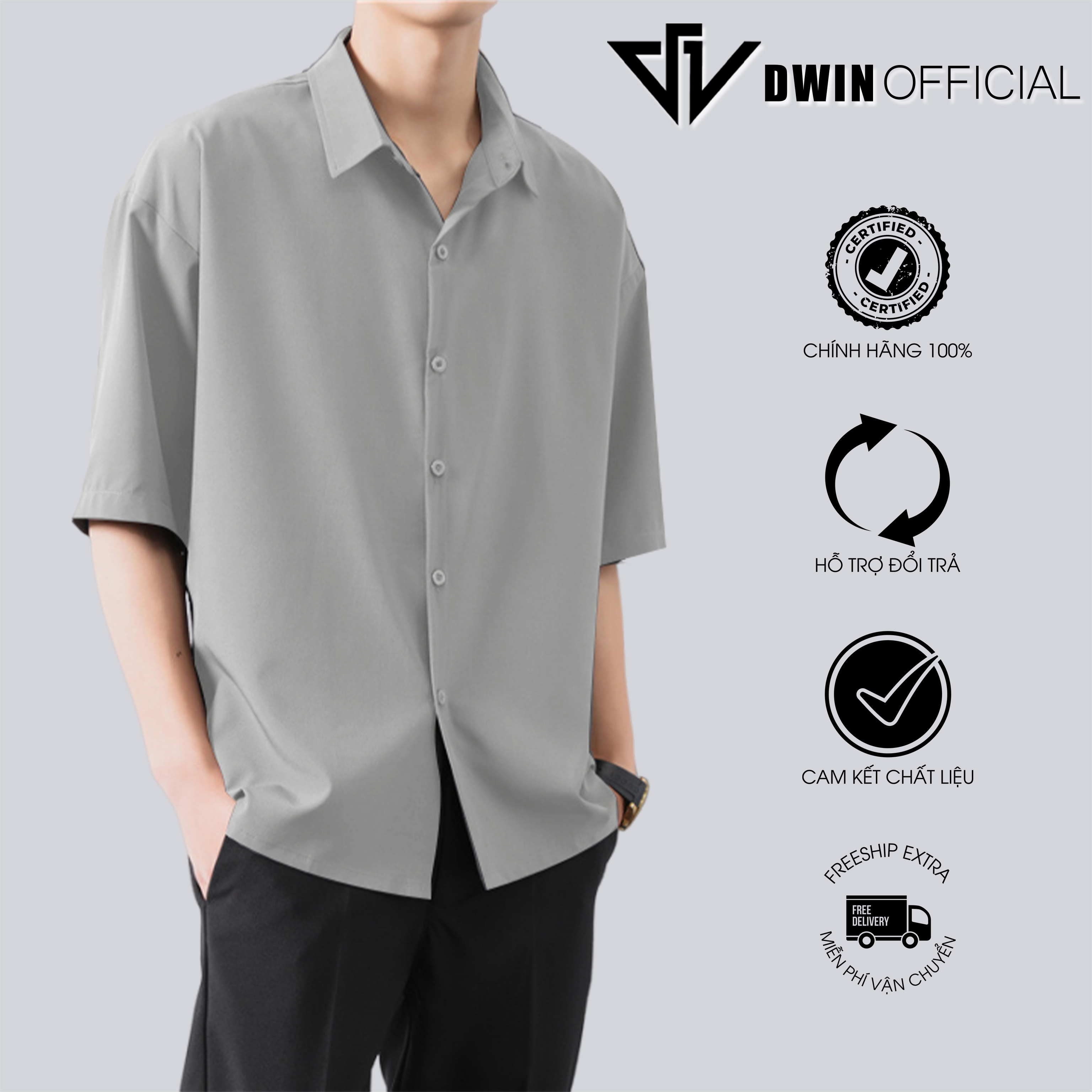 Mô tả Áo sơ mi ngắn tay nam nữ DWIN chất vải kaki cotton 300 gsm cộc basic unisex đứng form rộng không nhăn cao cấp - 7
