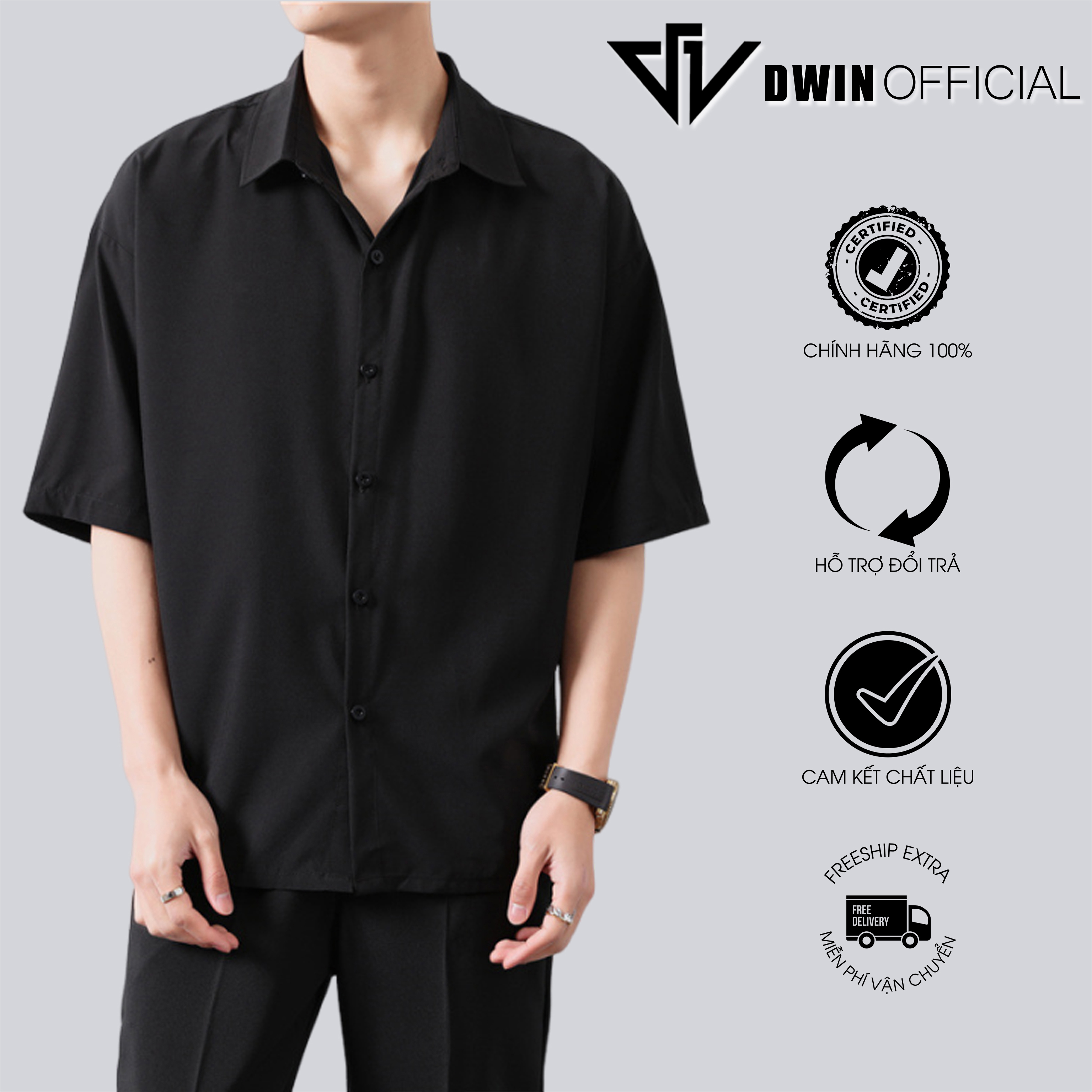Mô tả Áo sơ mi ngắn tay nam nữ DWIN chất vải kaki cotton 300 gsm cộc basic unisex đứng form rộng không nhăn cao cấp - 8