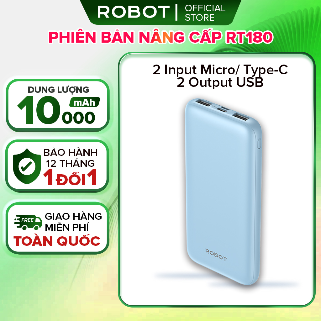 Mô tả Pin Sạc Dự Phòng 10000mAh ROBOT RT12 Có 2 Cổng Sạc Ra USB & 2 Cổng Sạc Vào Micro/Type-C Nhỏ Gọn Tiện Lợi - 1