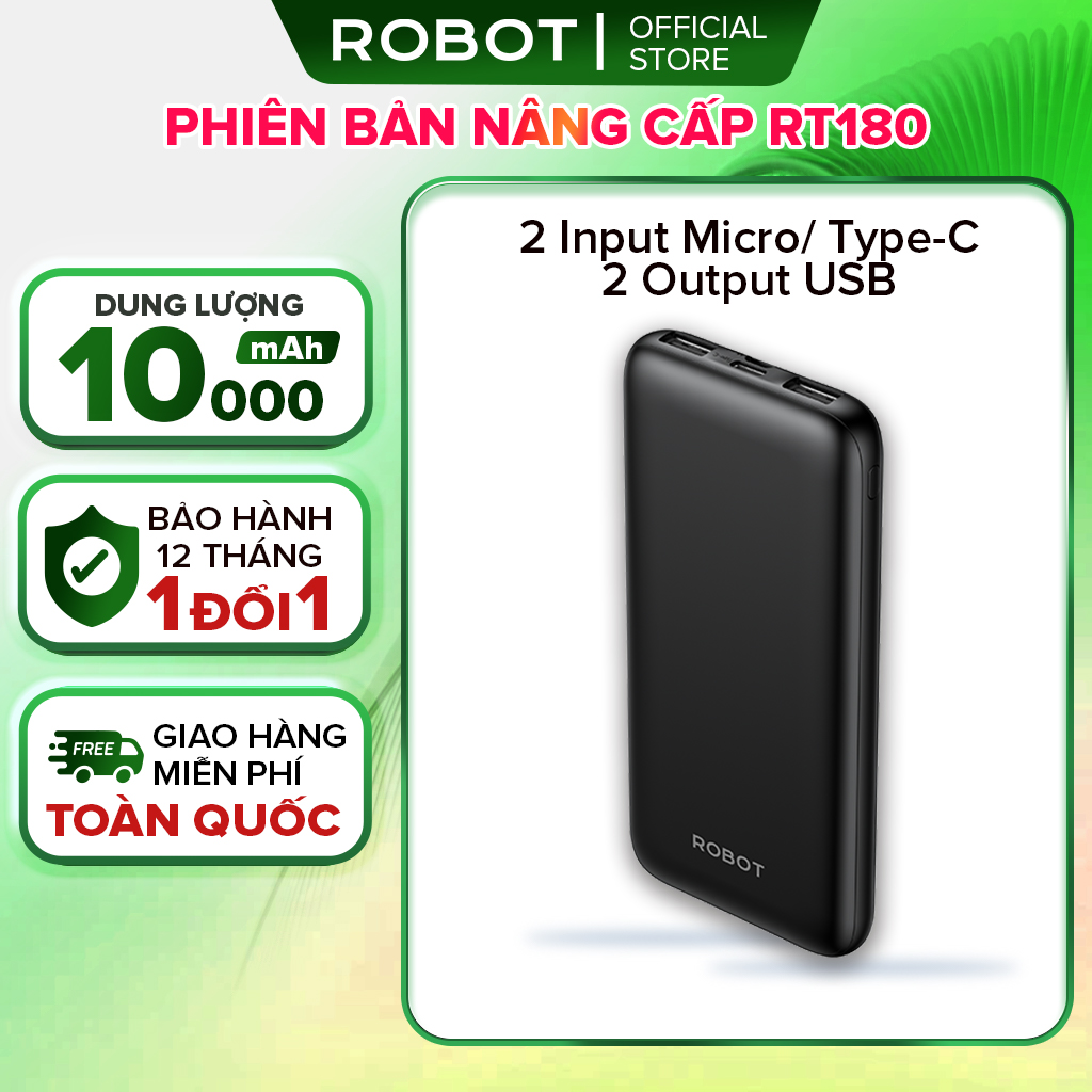 Mô tả Pin Sạc Dự Phòng 10000mAh ROBOT RT12 Có 2 Cổng Sạc Ra USB & 2 Cổng Sạc Vào Micro/Type-C Nhỏ Gọn Tiện Lợi - 2
