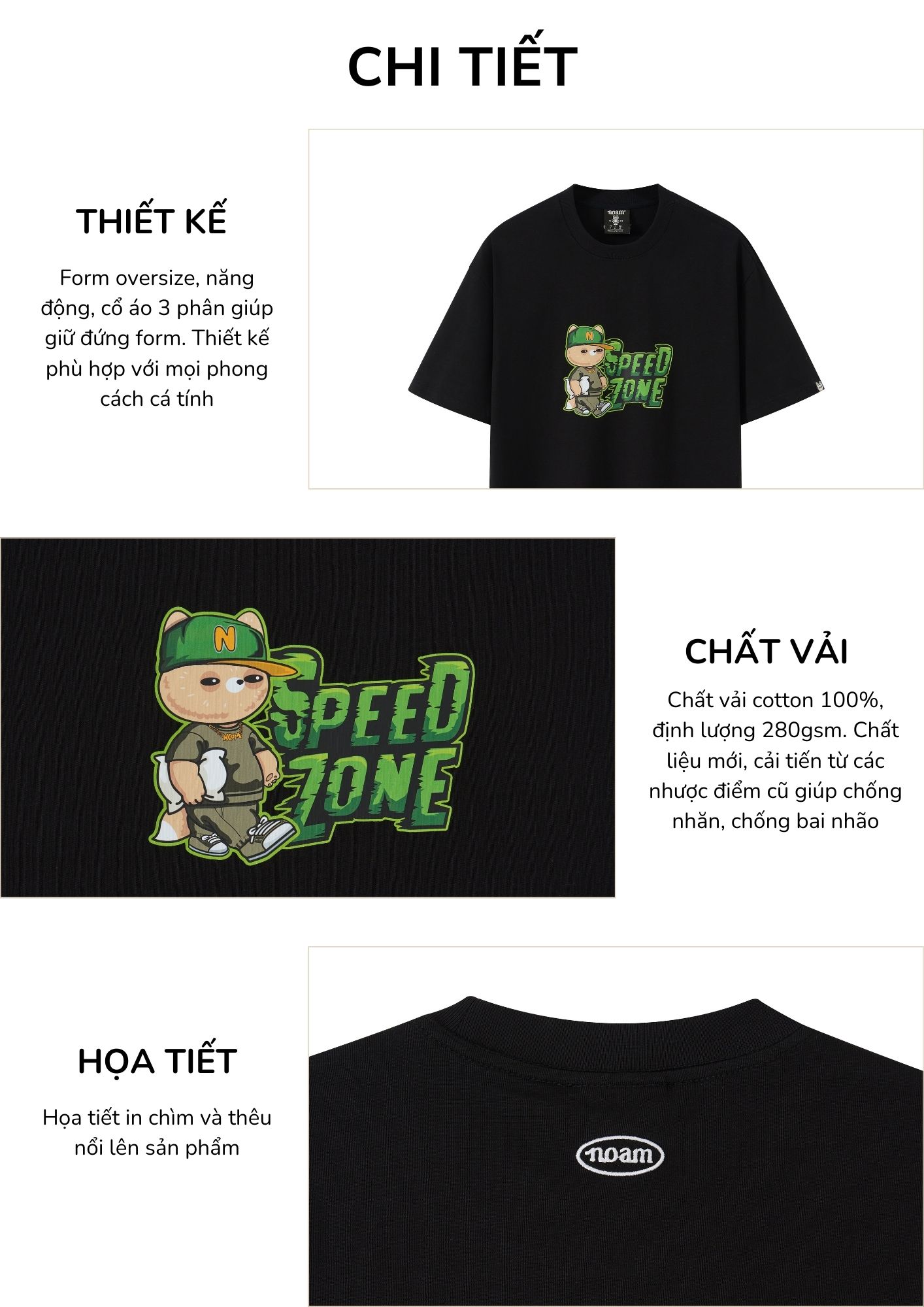 Mô tả Áo thun Form rộng NOAM Speed Zone 100% Cotton 280GSM - Màu Đen - 2