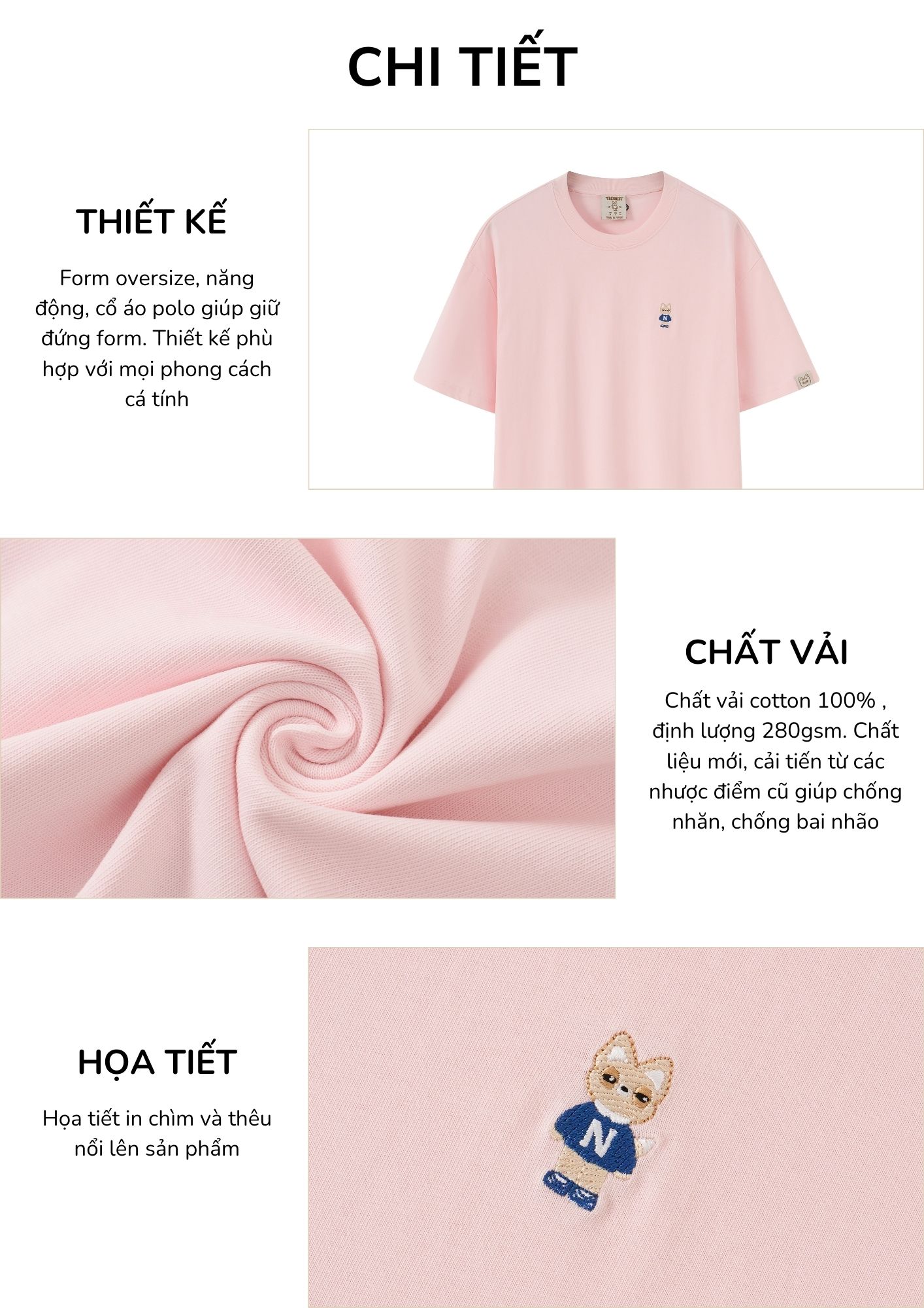 Mô tả Áo thun Form rộng NOAM Teeny Homie Unisex 100% Cotton - Màu Hồng/Xanh lá/Xanh dương/Tím/Be - 2